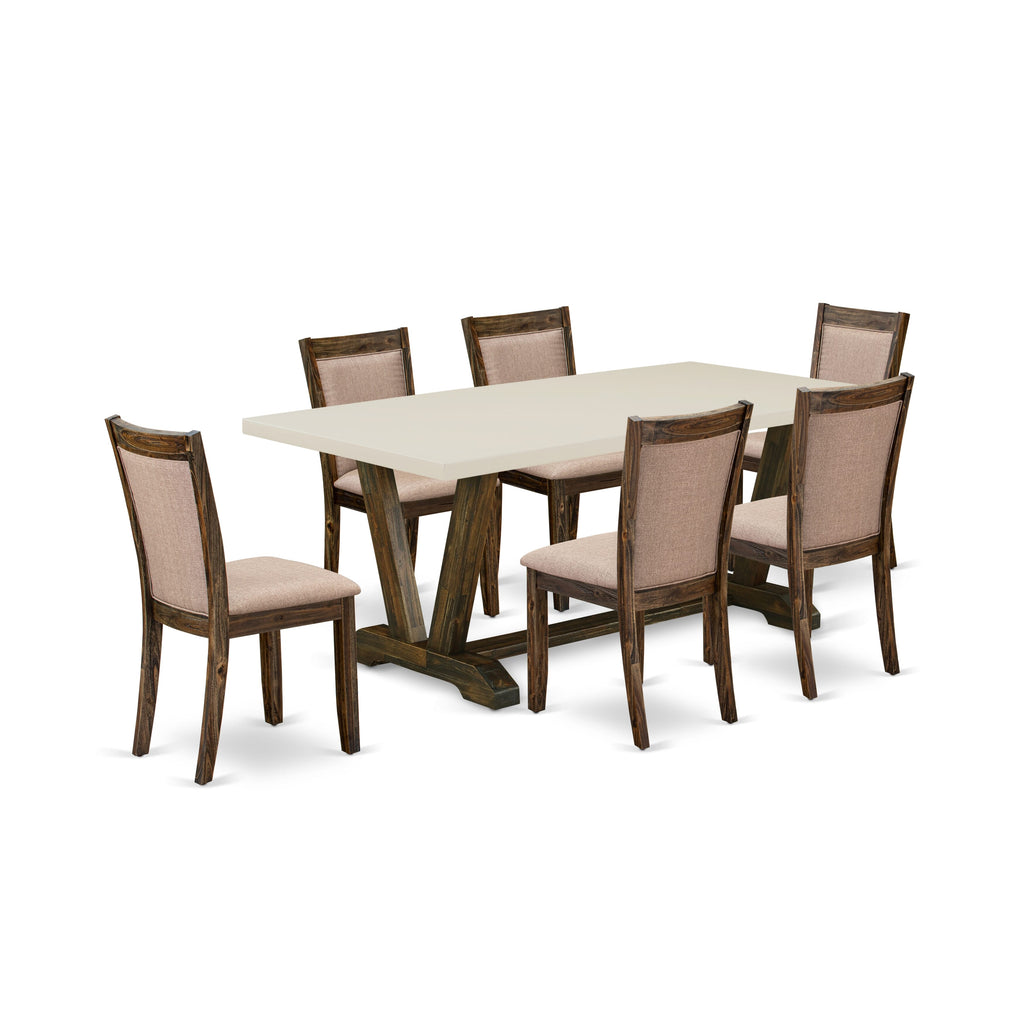 East West Furniture V727MZ716-7 7 Piece Dinette Set Consist of a Rectangle Dining Room Table with V-Legs and 6 Dark Khaki Linen Fabric Upholstered Parson Chairs, 40x72 Inch, Multi-Color
