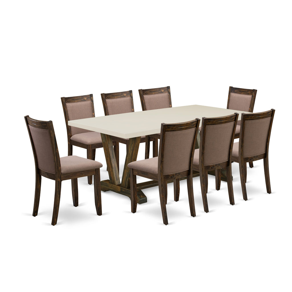 East West Furniture V727MZ748-9 9 Piece Dining Room Furniture Set Includes a Rectangle Dining Table with V-Legs and 8 Coffee Linen Fabric Parsons Chairs, 40x72 Inch, Multi-Color