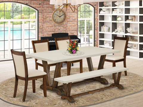 East West Furniture V727MZN32-6 6 Piece Dining Set Contains a Rectangle Dining Room Table with V-Legs and 4 Light Beige Linen Fabric Parson Chairs with a Bench, 40x72 Inch, Multi-Color