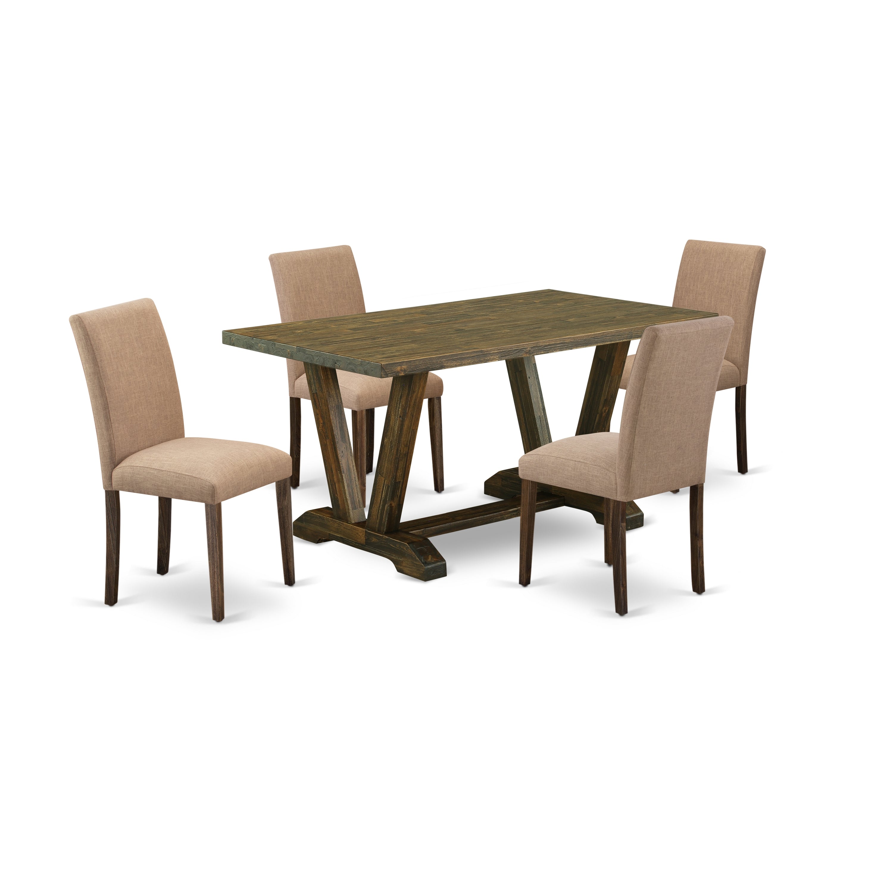 Juego de mesa y sillas de cocina de 5 piezas East West Furniture V776AB747-5. Incluye una mesa de comedor rectangular con patas en V y 4 sillas Parsons de tela de lino color sable claro.