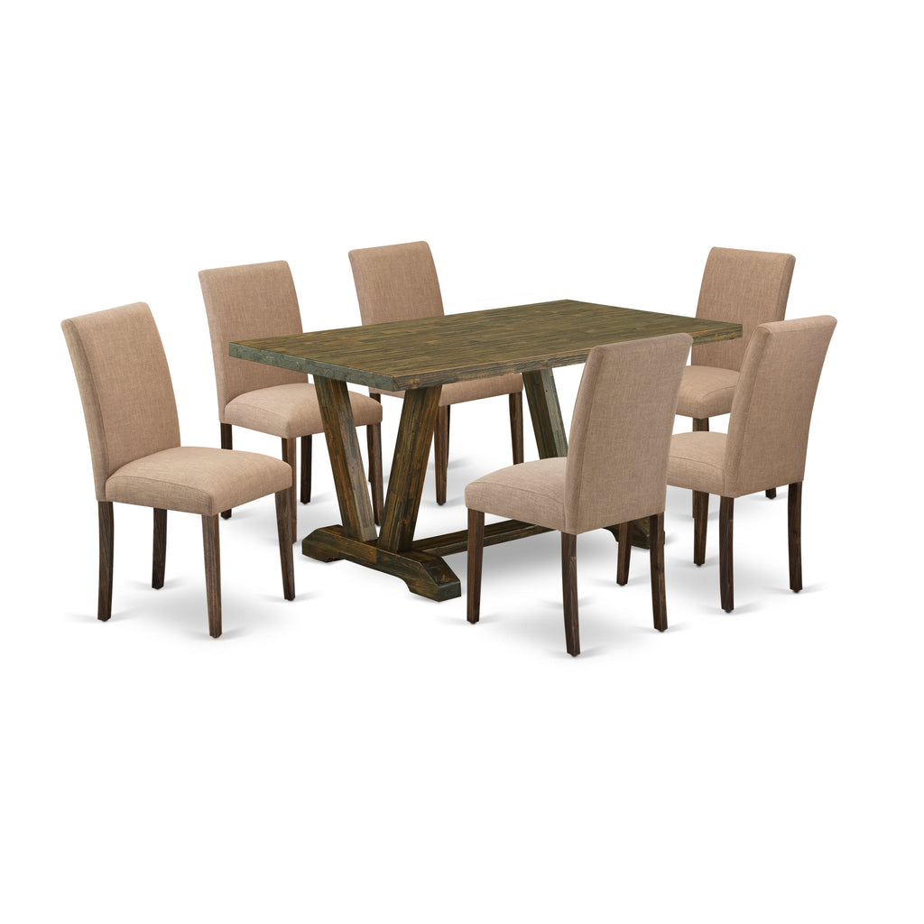 East West Furniture V776AB747-7 7 Piece Dinette Set Consist of a Rectangle Dining Room Table with V-Legs and 6 Light Sable Linen Fabric Upholstered Chairs