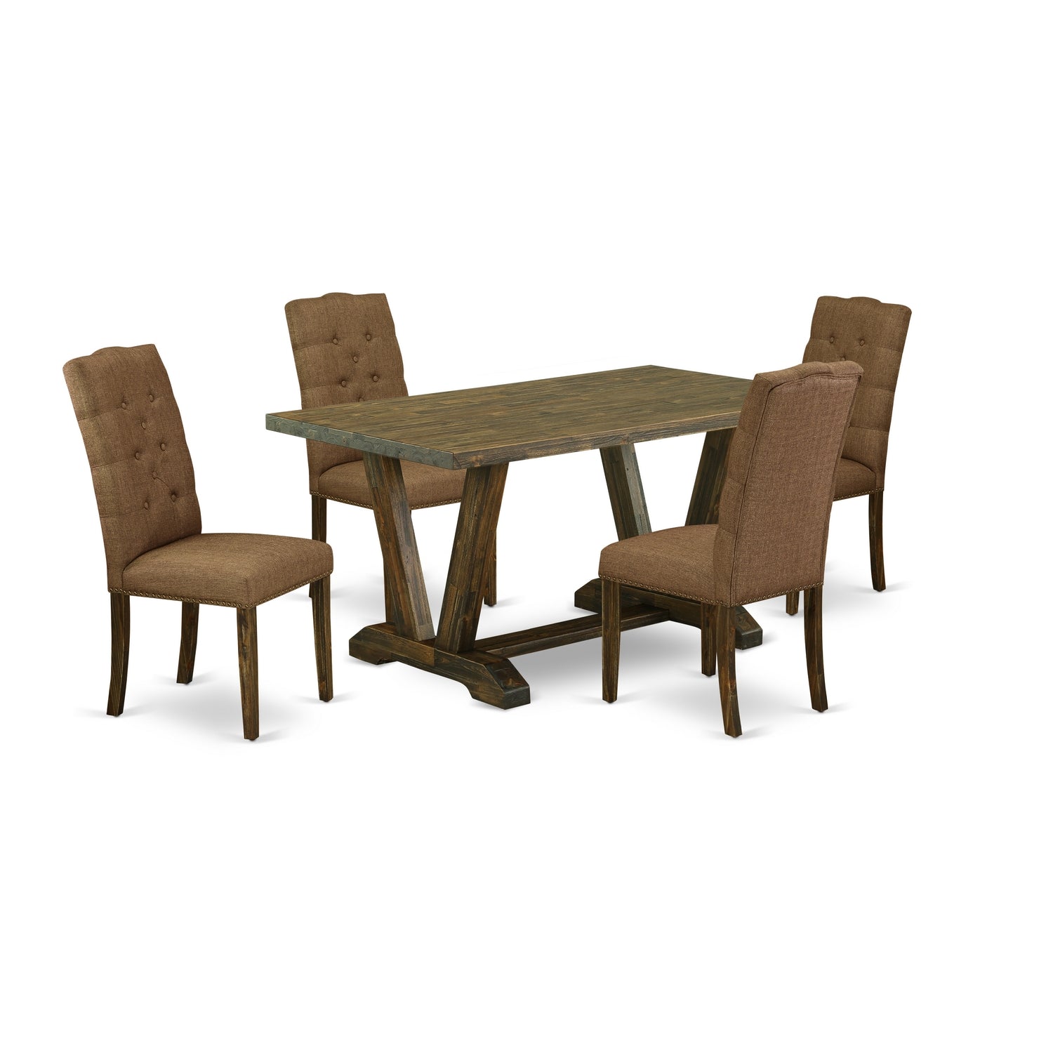 East West Furniture V776EL718-5 5-Pc rectangular Dinette SetIncluded 4 kitchen chairs Upholstered Seat and High Button Tufted Chair Back and rectangular dining Table with Distressed Jacobean Dining Table top (Distressed Jacobean Finish)