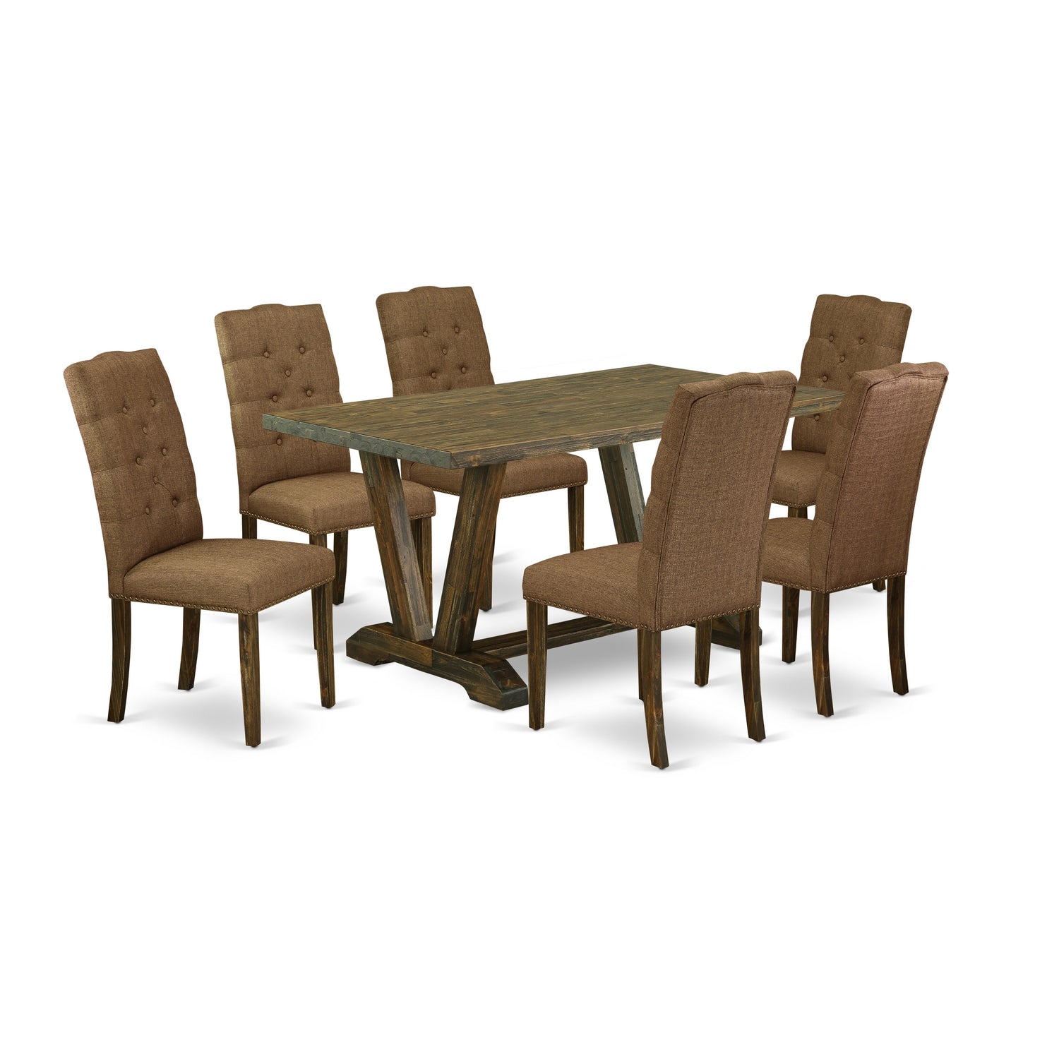 East West Furniture V776EL718-7 7-Pc Dining Table Set a Great Distressed Jacobean Dining Table top and 6 Wonderful Parson Dining chairs with Nail Heads and Button Tufted, Distressed Jacobean Finish