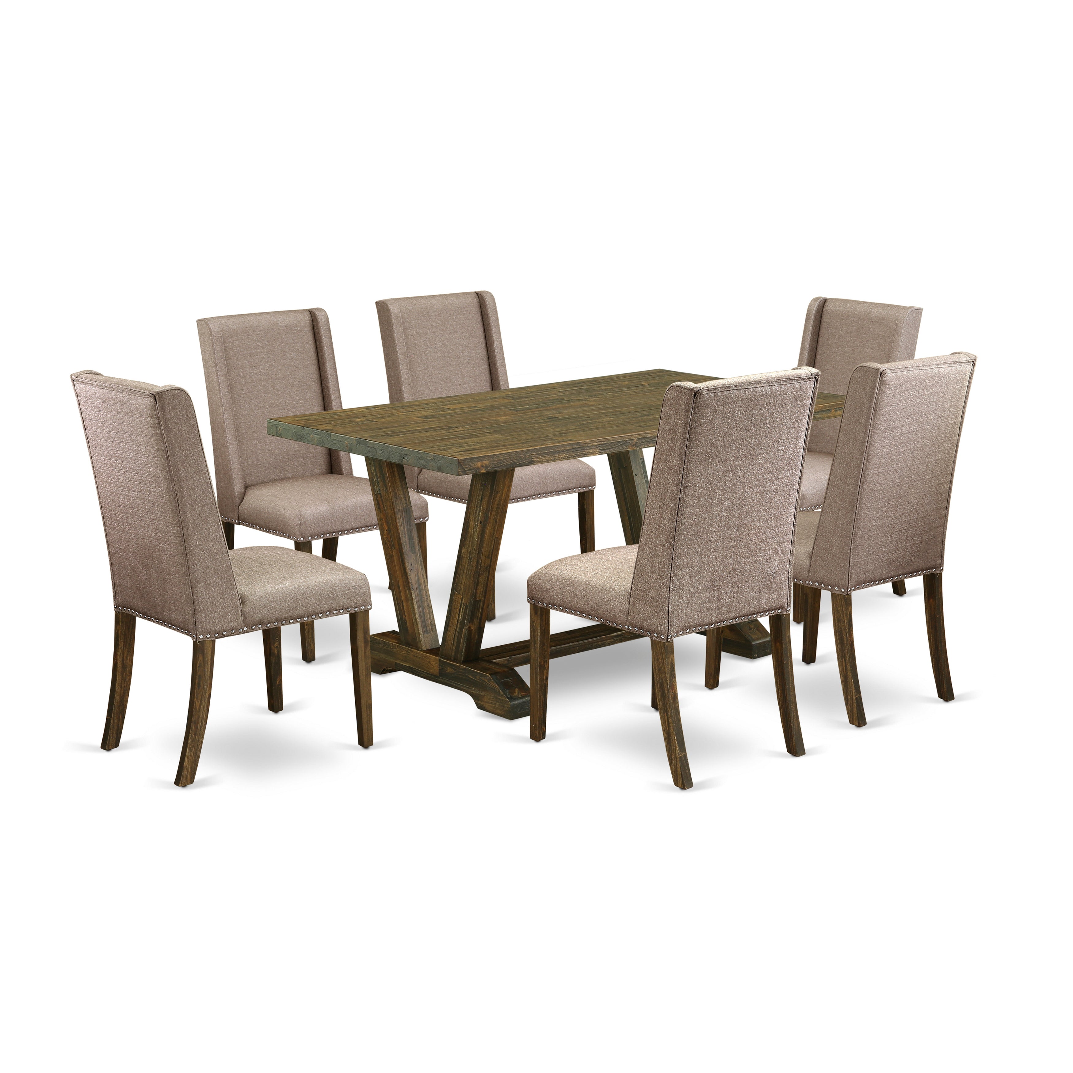 Juego de mesa de comedor East West Furniture V776FL716-7 de 7 piezas compuesto por una mesa de comedor rectangular con patas en V y 6 sillas tapizadas en tela de lino color caqui oscuro.