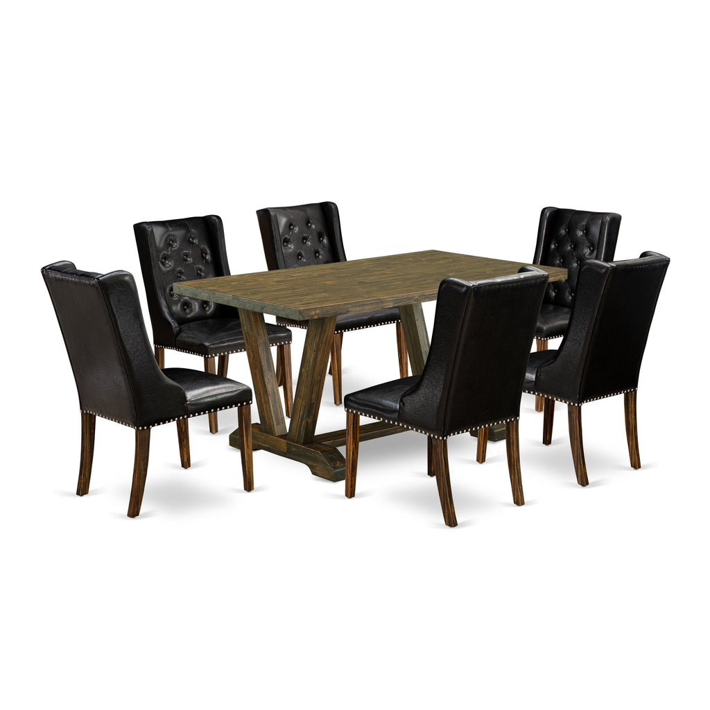 East West Furniture V776FO749-7 7-Piece Dining Room Set - 6 Black Pu faux Leather Upholstered Chair Button Tufted with Nail heads and Mid Century Dining Table - Distressed Jacobean Finish