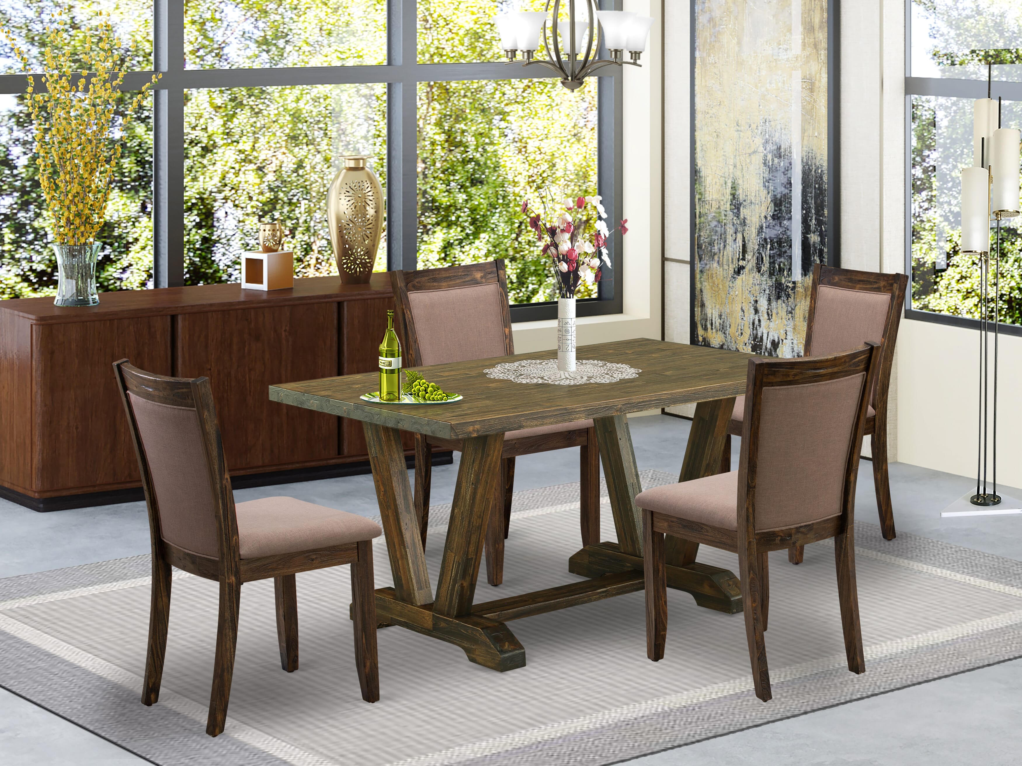 East West Furniture V776MZ716-5 5 Piece Dining Table Set - A Distressed Jacobean Top Modern Dining Table with Trestle Base and 4 Dark Khaki Linen Fabric Parson Chairs - Distressed Jacobean Finish