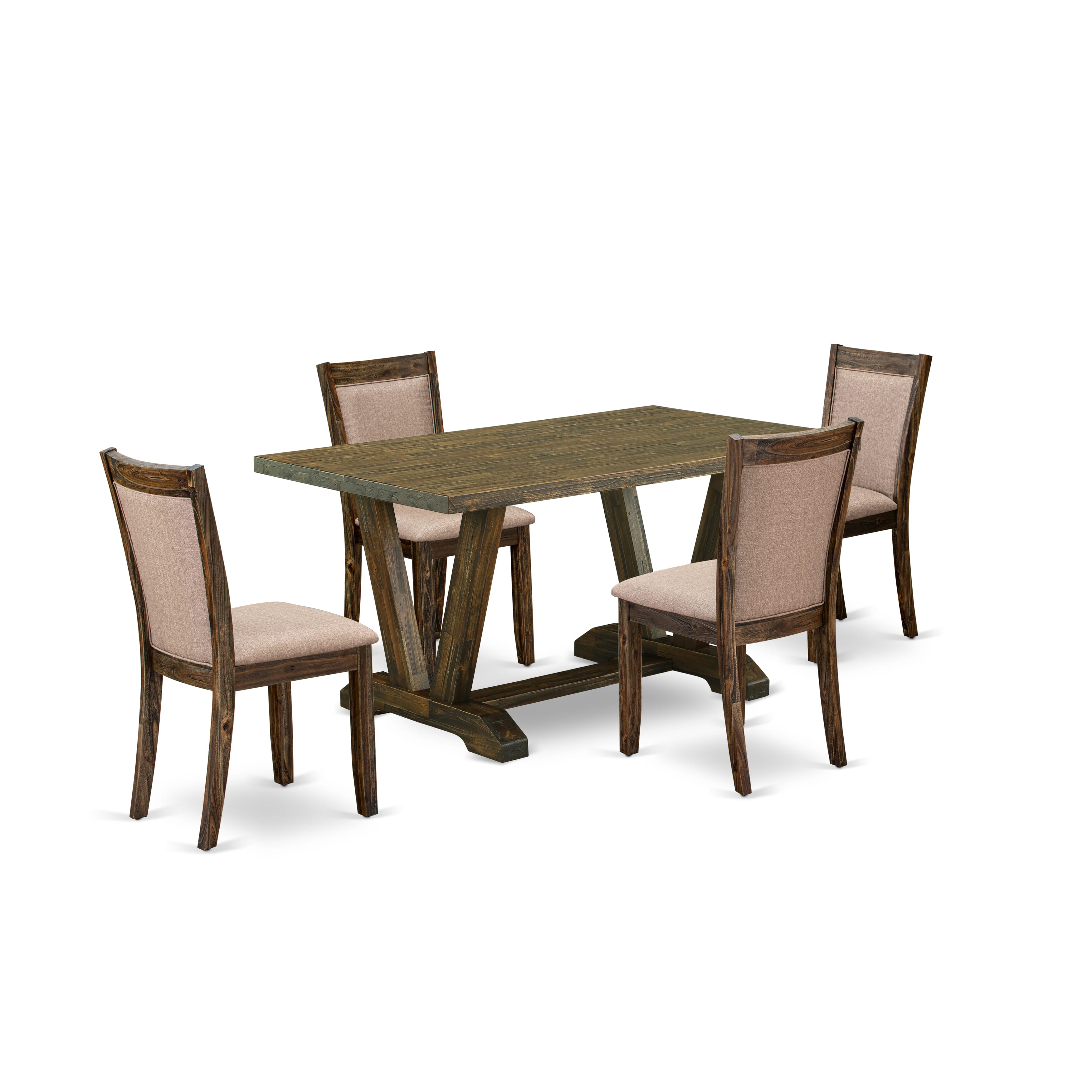 East West Furniture V776MZ716-5 5 Piece Dining Table Set - A Distressed Jacobean Top Modern Dining Table with Trestle Base and 4 Dark Khaki Linen Fabric Parson Chairs - Distressed Jacobean Finish