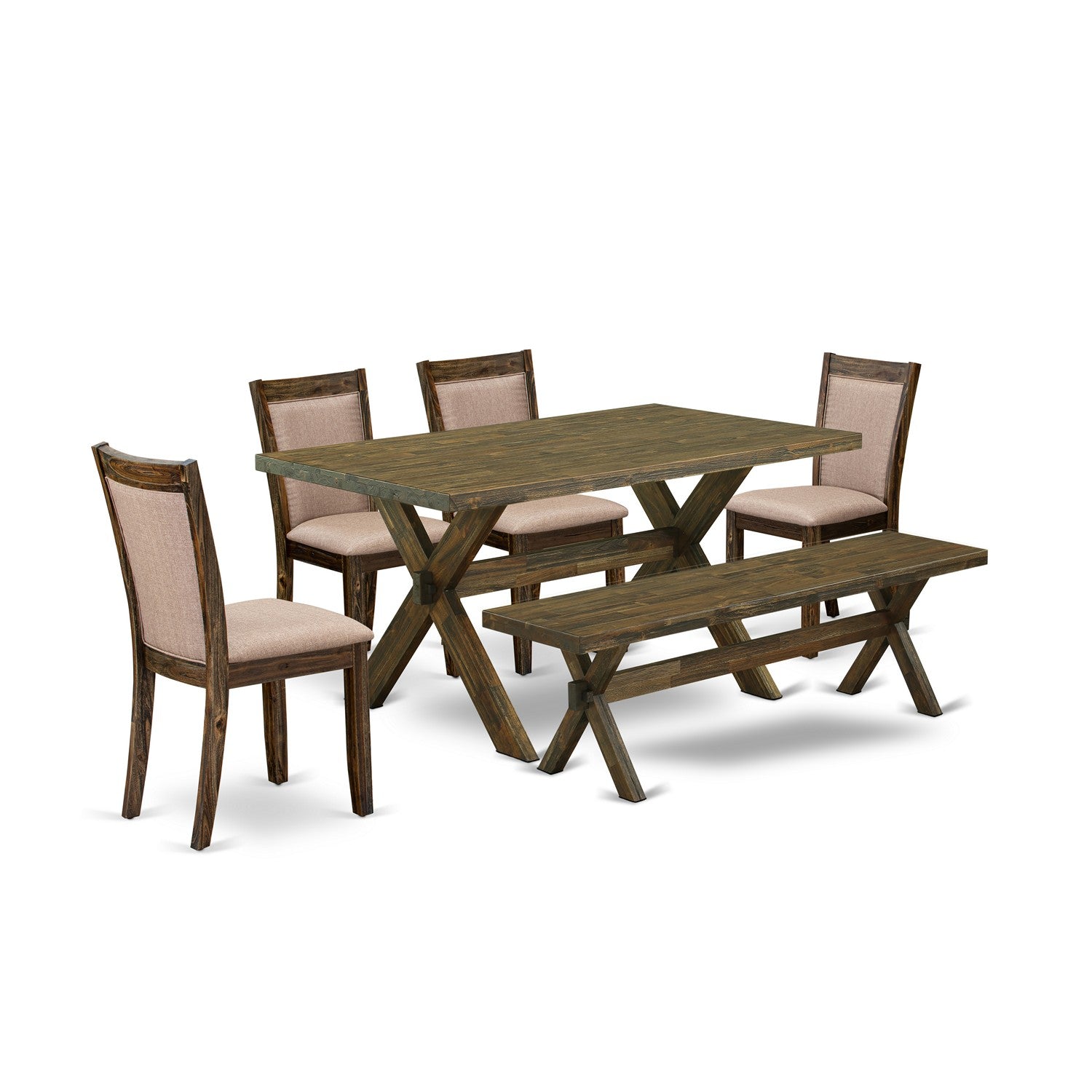 East West Furniture V776MZ716-6 6 Piece Dining Table Set- A Distressed Jacobean Top Wood Dining Table in Trestle Base with Wood Bench and 4 Dark Khaki Linen Fabric Chairs - Distressed Jacobean Finish