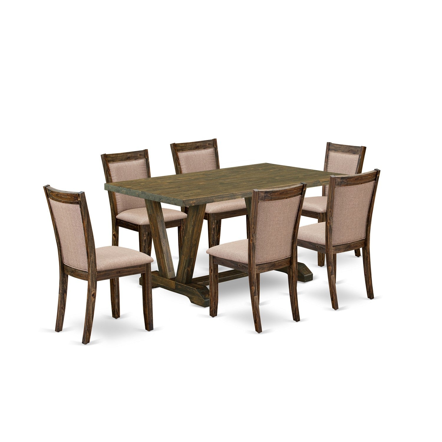 East West Furniture V776MZ716-7 7 Piece Contemporary Dining Set - A Distressed Jacobean Top Kitchen Table with Trestle Base and 6 Dark Khaki Linen Fabric Dining Chairs- Distressed Jacobean Finish