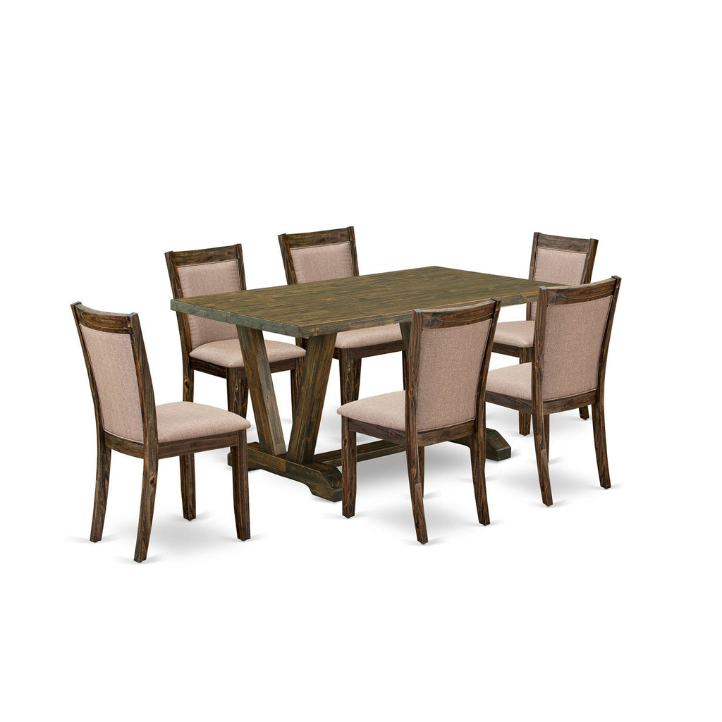 Juego de comedor East West Furniture V776MZ716-7 de 7 piezas compuesto por una mesa de comedor rectangular con patas en V y 6 sillas Parson tapizadas en tela de lino color caqui oscuro.
