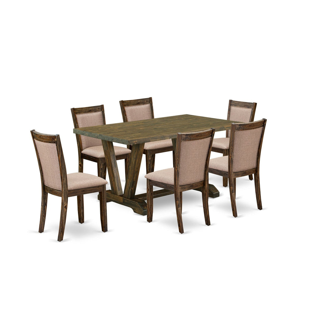 East West Furniture V776MZ716-7 7 Piece Dining Set Consist of a Rectangle Dining Room Table with V-Legs and 6 Dark Khaki Linen Fabric Upholstered Parson Chairs, 36x60 Inch, Multi-Color