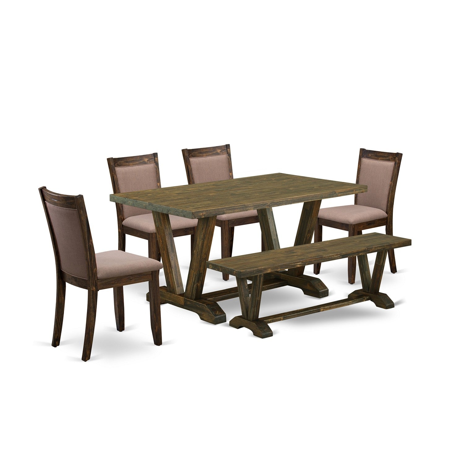 EAST WEST FURNITURE - V776MZ748-6 - 6-Pc Dining Set - 4 Dining Chairs, a Dining Bench and 1 Modern Dining Table (Distressed Jacobean Finish)