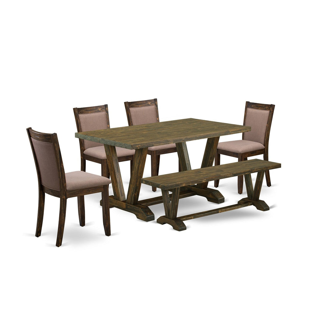 East West Furniture V776MZ748-6 6 Piece Dining Room Set Contains a Rectangle Dining Table with V-Legs and 4 Coffee Linen Fabric Parson Chairs with a Bench, 36x60 Inch, Multi-Color