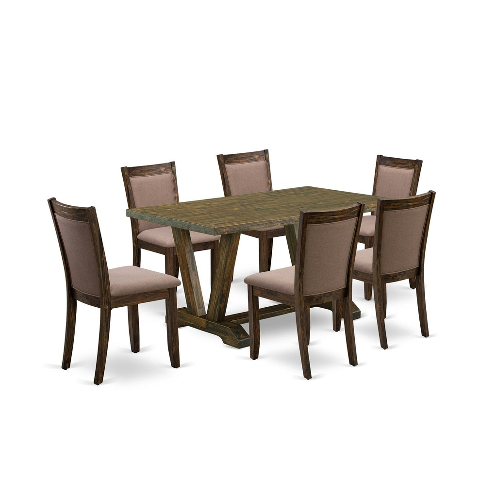 East West Furniture V776MZ748-7 7 Piece Dining Set Consist of a Rectangle Dining Room Table with V-Legs and 6 Coffee Linen Fabric Upholstered Parson Chairs, 36x60 Inch, Multi-Color