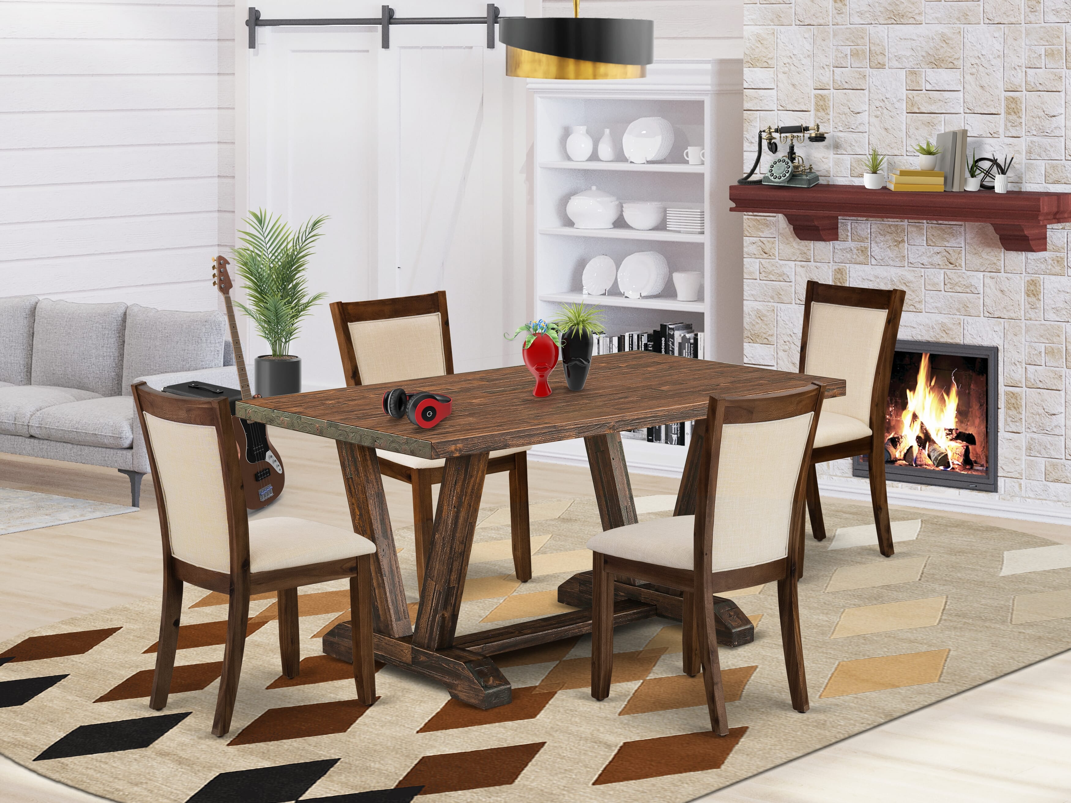 EAST WEST FURNITURE - V776MZN32-5 - 5-Pieces Dinette Set - 1 Dining Room Table with Trestle Base and 4 light beige linen fabric Kitchen Chairs with Stylish Back (Distressed Jacobean Finish)