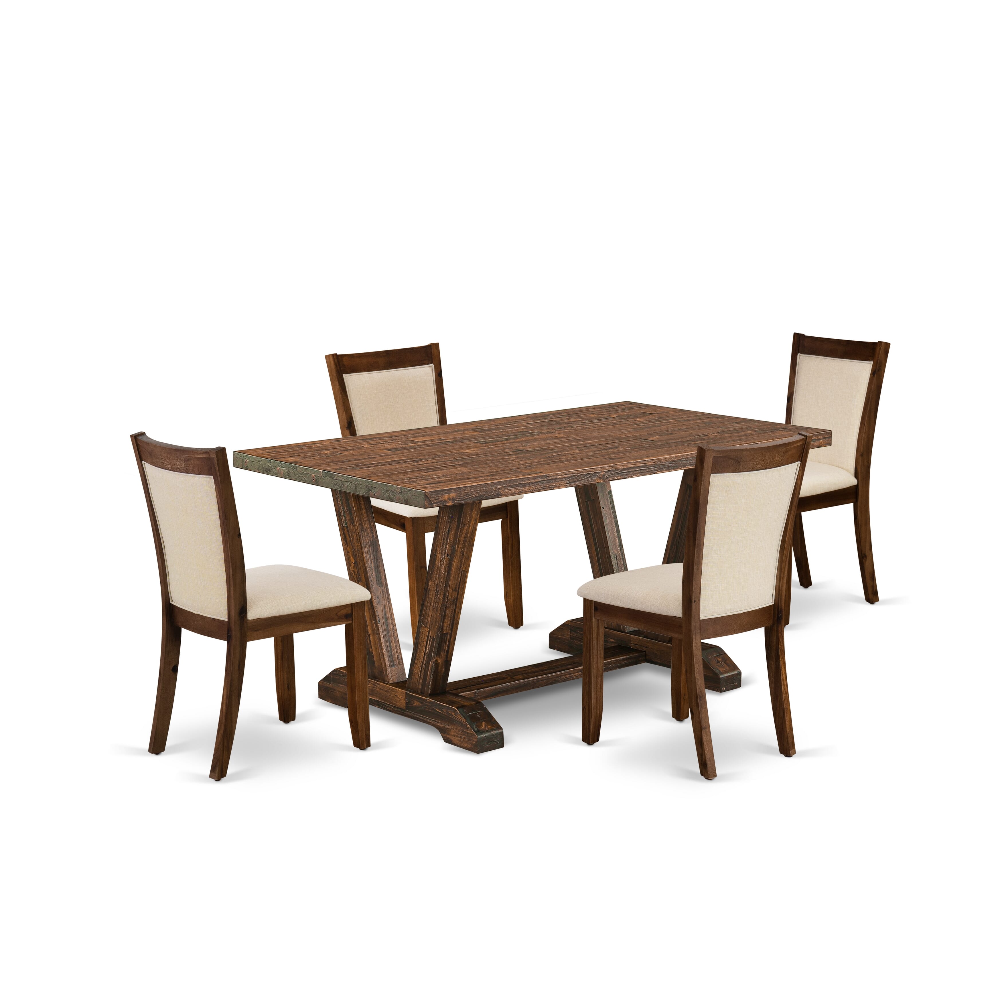 EAST WEST FURNITURE - V776MZN32-5 - 5-Pieces Dinette Set - 1 Dining Room Table with Trestle Base and 4 light beige linen fabric Kitchen Chairs with Stylish Back (Distressed Jacobean Finish)