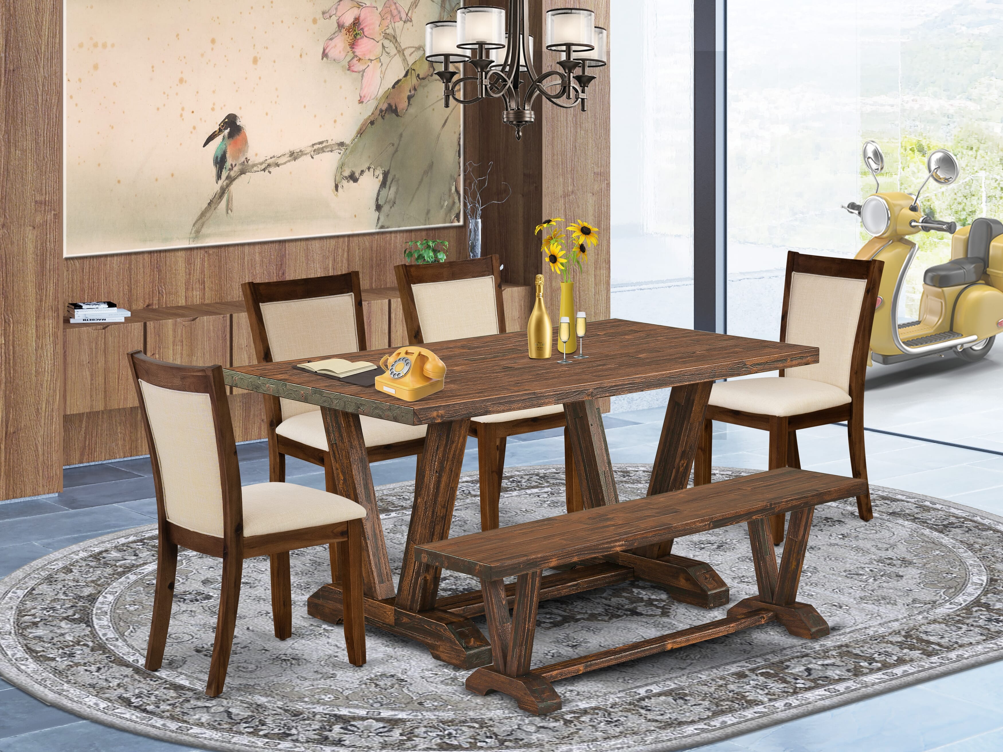 EAST WEST FURNITURE - V776MZN32-6 - 6-Pc Small Dining Set - 1 Beautiful Modern Dining Table, A Dining Bench and 4 light beige linen fabric Wood Dining Chairs with Stylish Back (Distressed Jacobean Finish)