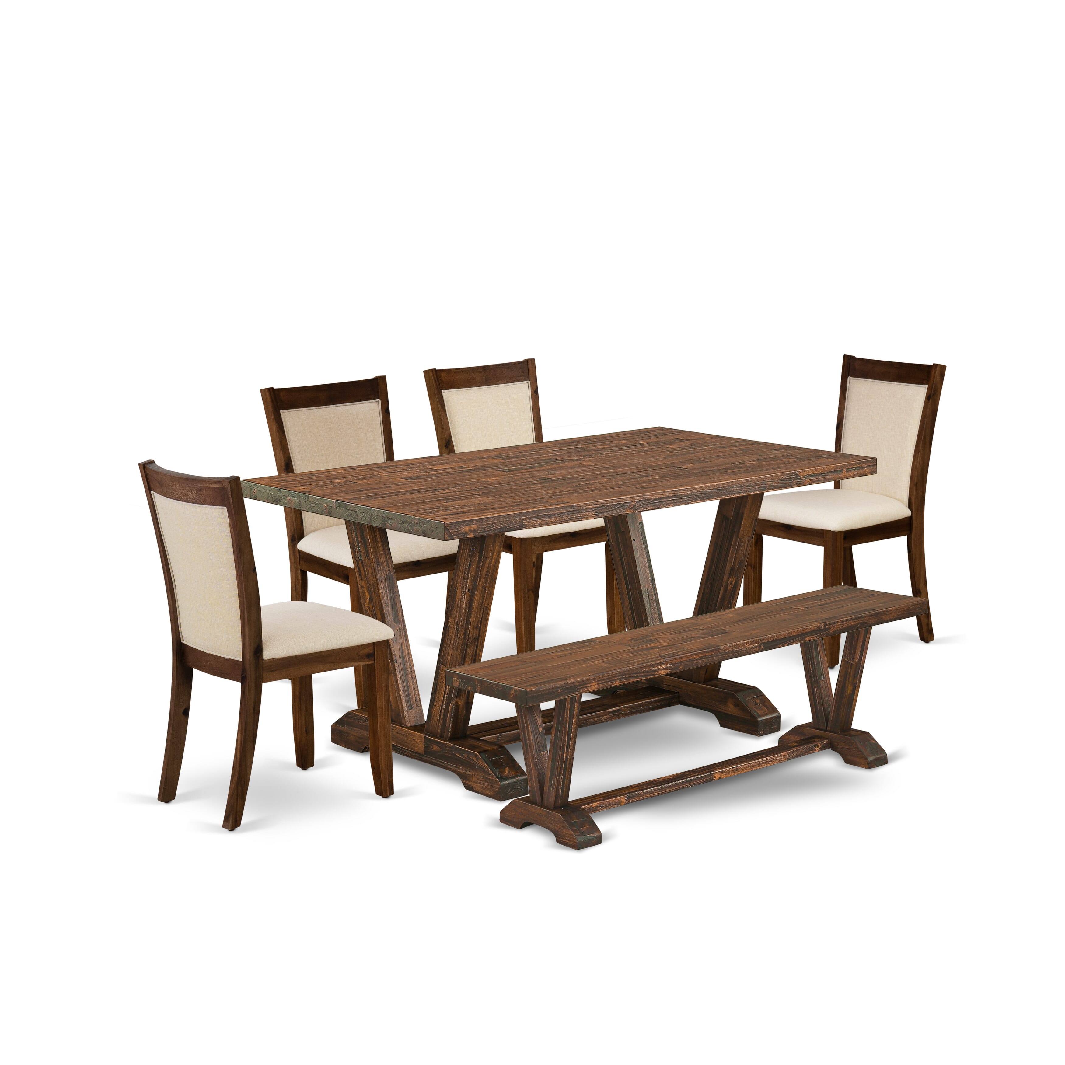 EAST WEST FURNITURE - V776MZN32-6 - 6-Pc Small Dining Set - 1 Beautiful Modern Dining Table, A Dining Bench and 4 light beige linen fabric Wood Dining Chairs with Stylish Back (Distressed Jacobean Finish)