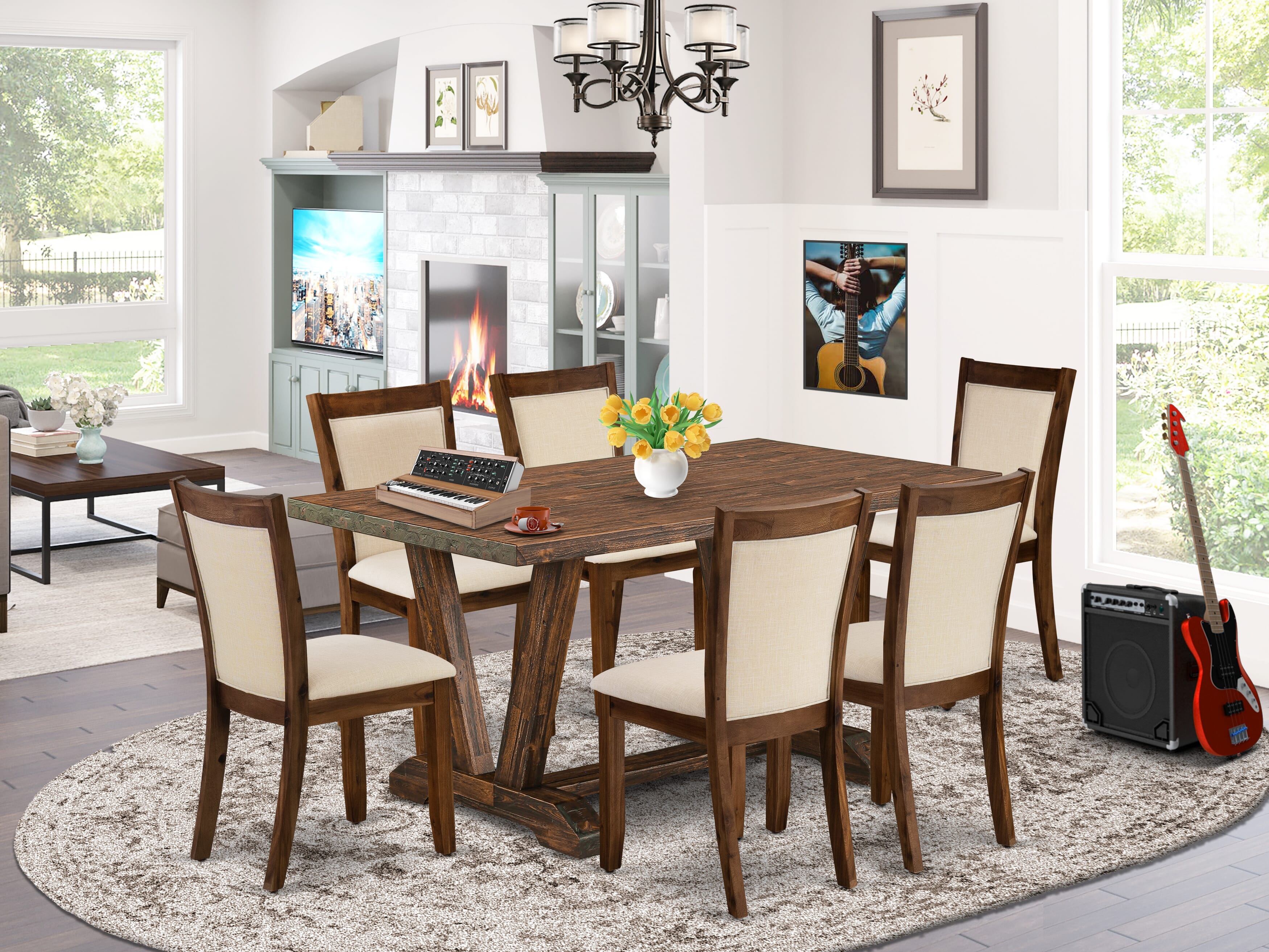EAST WEST FURNITURE - V776MZN32-7 - 7-Pieces Kitchen Table Set - 6 light beige linen fabric Upholstered Dining Chairs with Stylish Back and 1 Kitchen Table with Trestle Base (Distressed Jacobean Finish)