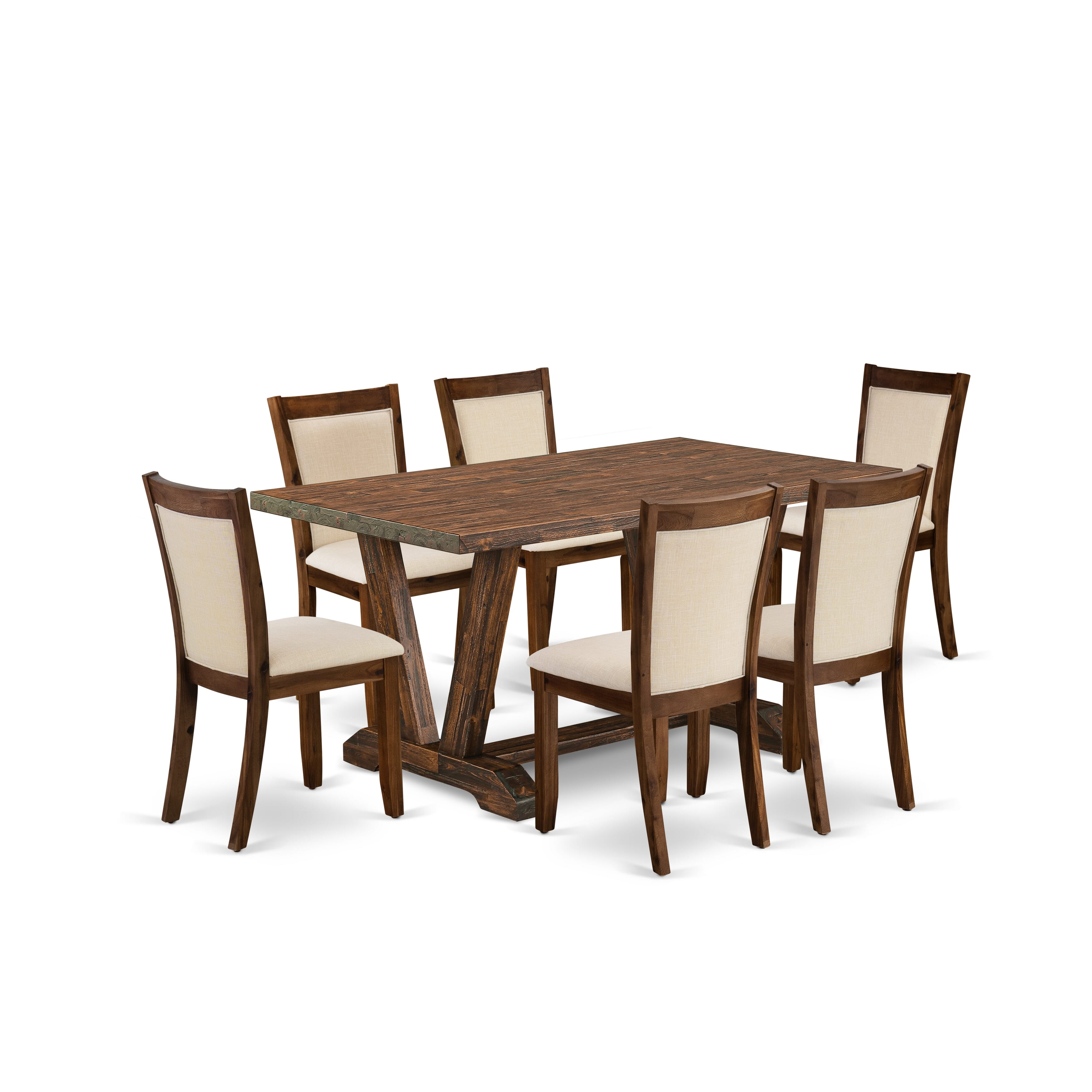 EAST WEST FURNITURE - V776MZN32-7 - 7-Pieces Kitchen Table Set - 6 light beige linen fabric Upholstered Dining Chairs with Stylish Back and 1 Kitchen Table with Trestle Base (Distressed Jacobean Finish)