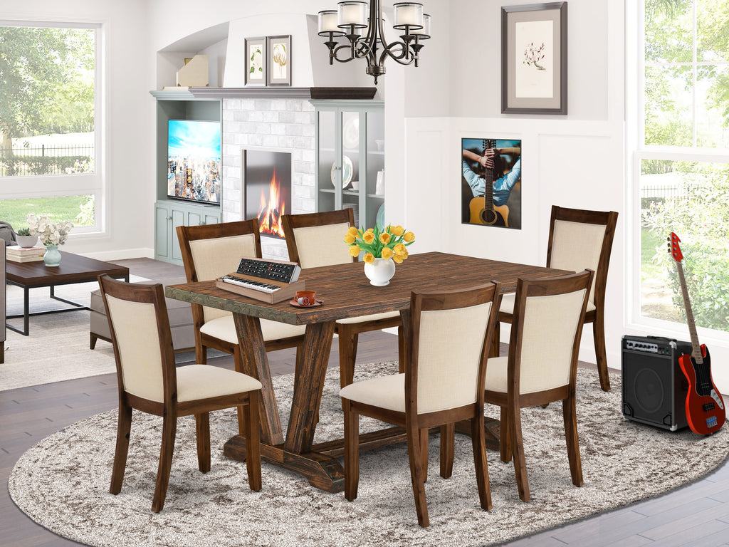EAST WEST FURNITURE - V776MZN32-7 - 7-Pieces Kitchen Table Set - 6 light beige linen fabric Upholstered Dining Chairs with Stylish Back and 1 Kitchen Table with Trestle Base (Distressed Jacobean Finish)