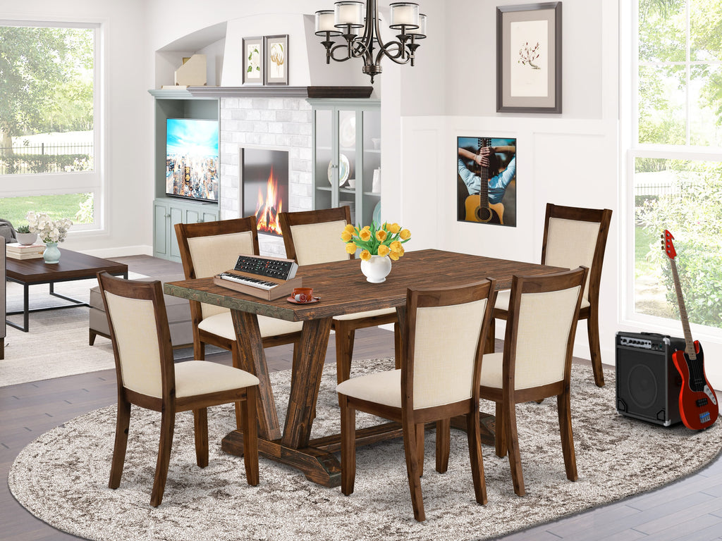 East West Furniture V776MZN32-7 7 Piece Dining Set Consist of a Rectangle Dining Room Table with V-Legs and 6 Light Beige Linen Fabric Upholstered Chairs, 36x60 Inch, Multi-Color