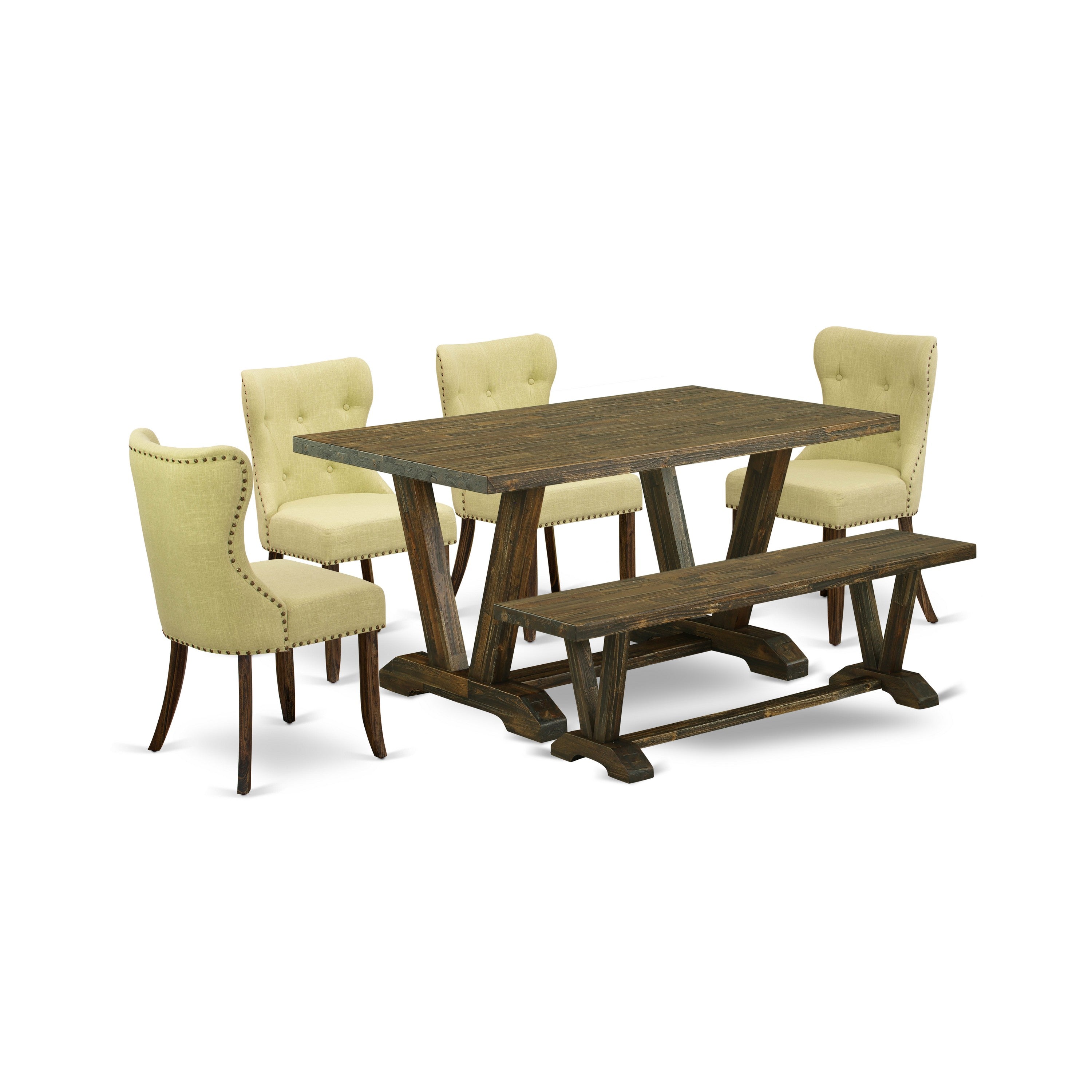 Juego de mesa de comedor de 6 piezas East West Furniture V776SI737-6. Contiene una mesa de comedor rectangular con patas en V y 4 sillas Parson de tela de lino Limelight con un banco.