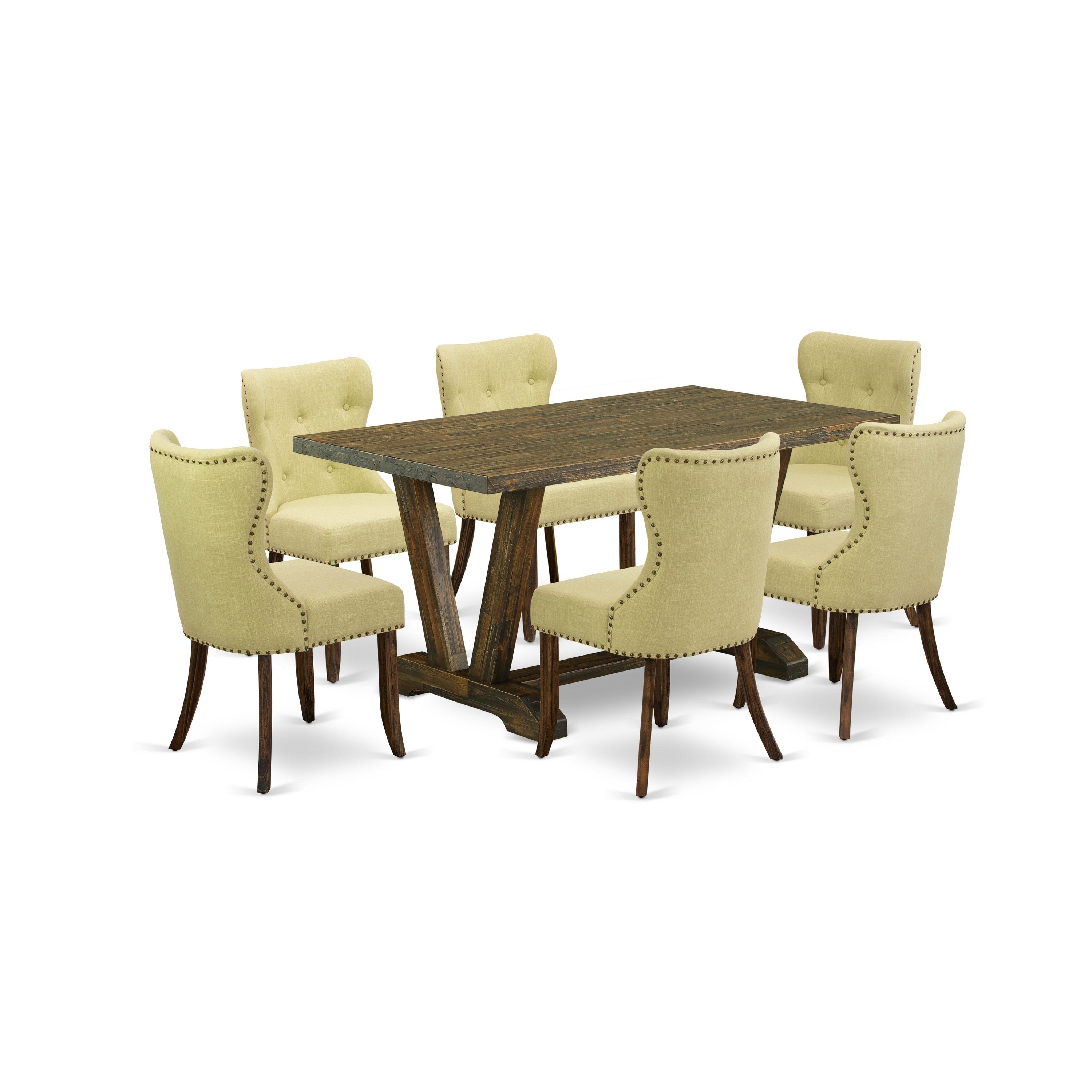 East West Furniture 7-Pc Kitchen Dining Room Set- 6 Parson Dining Chairs with Limelight Linen Fabric Seat and Button Tufted Chair Back - Rectangular Table top & Wooden Legs (Distressed Jacobean Finish)