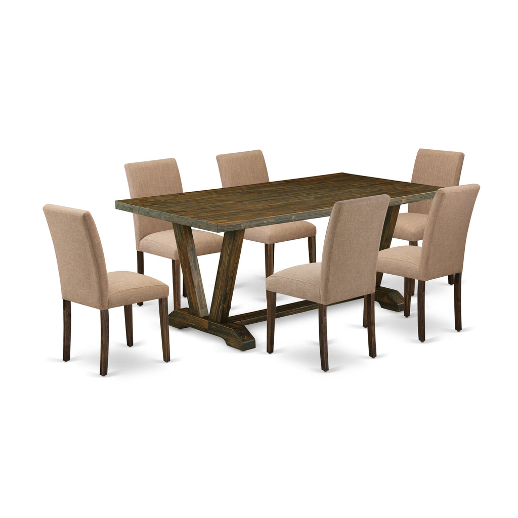 East West Furniture V777AB747-7 7 Piece Dinette Set Consist of a Rectangle Dining Table with V-Legs and 6 Light Sable Linen Fabric Parson Dining Room Chairs