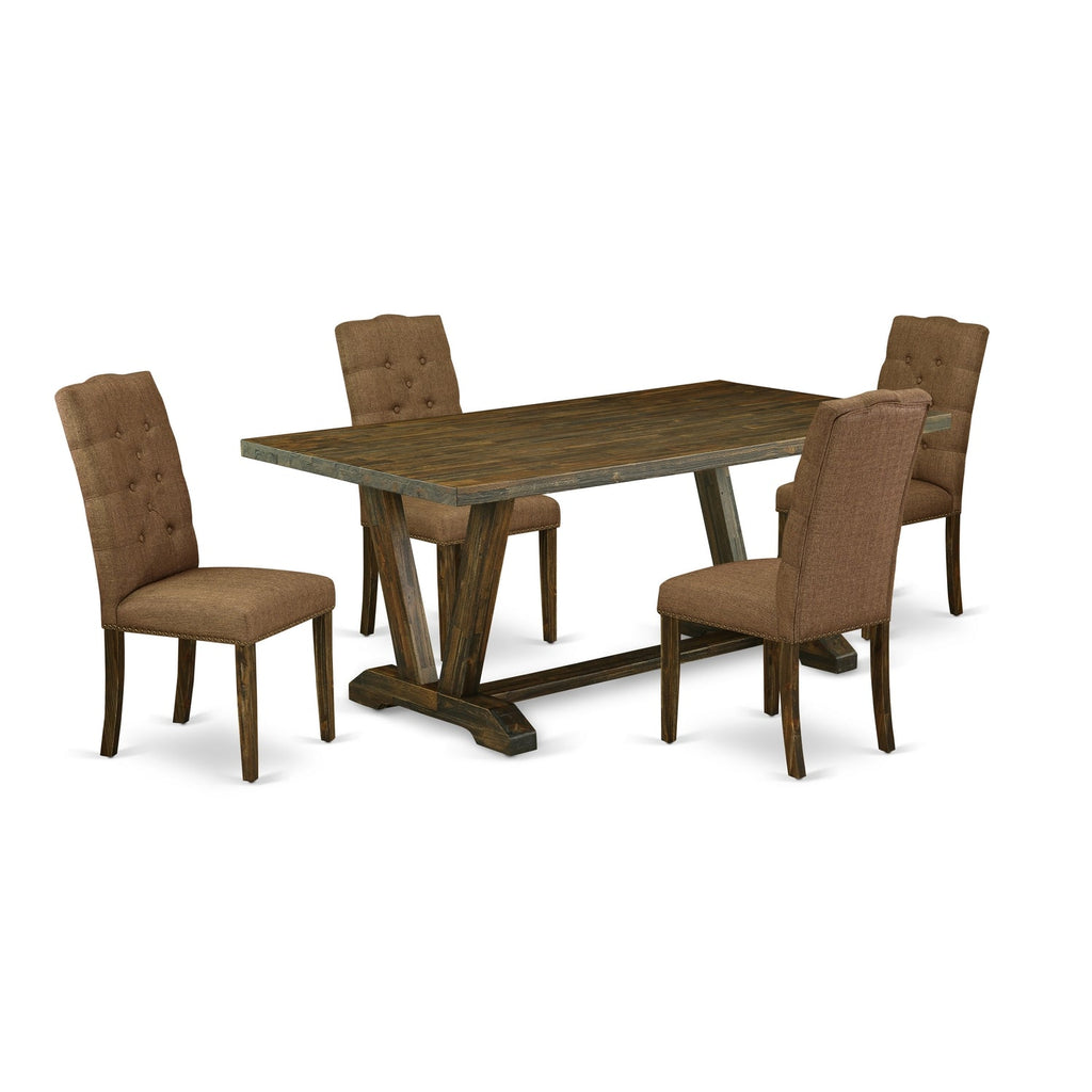 Juego de mesa de comedor moderna de 5 piezas East West Furniture V777EL718-5. Incluye una mesa rectangular de madera con patas en V y 4 sillas de comedor Parson de tela de lino marrón.