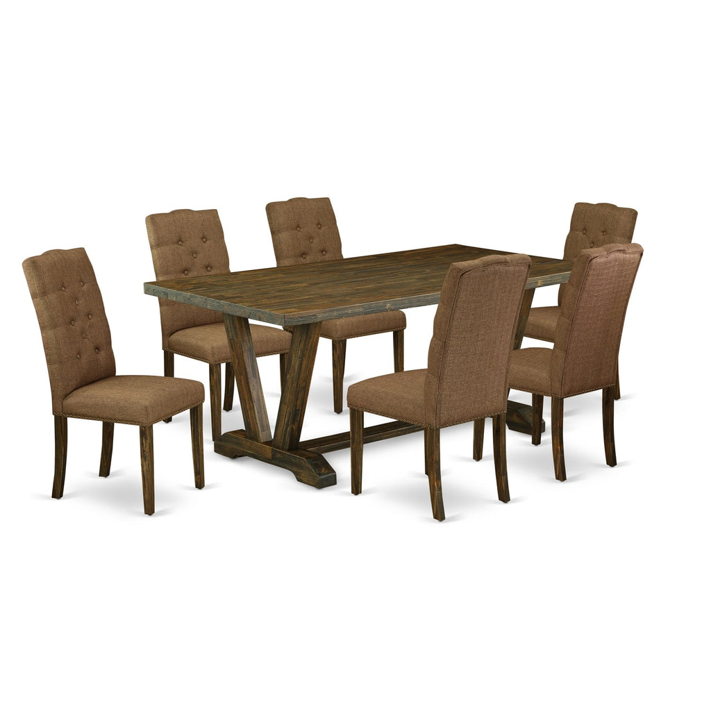 Juego de comedor de 7 piezas East West Furniture V777EL718-7 compuesto por una mesa de comedor rectangular con patas en V y 6 sillas tapizadas en tela de lino marrón.