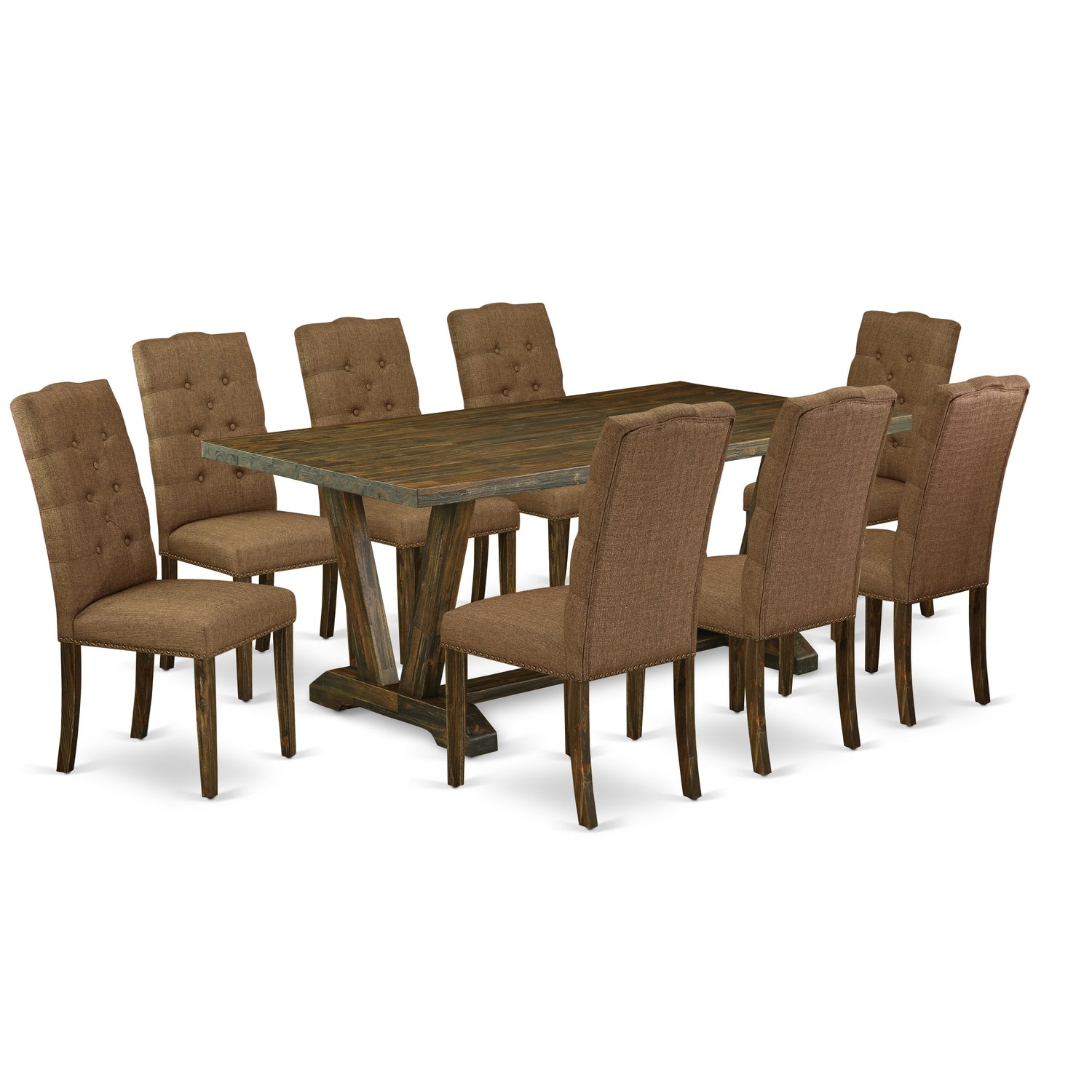 East West Furniture V777EL718-9 9-Piece kitchen table set a Beautiful Distressed Jacobean Kitchen Table top and 8 Wonderful Parson chairs with Nail Heads and Button Tufted, Distressed Jacobean Finish