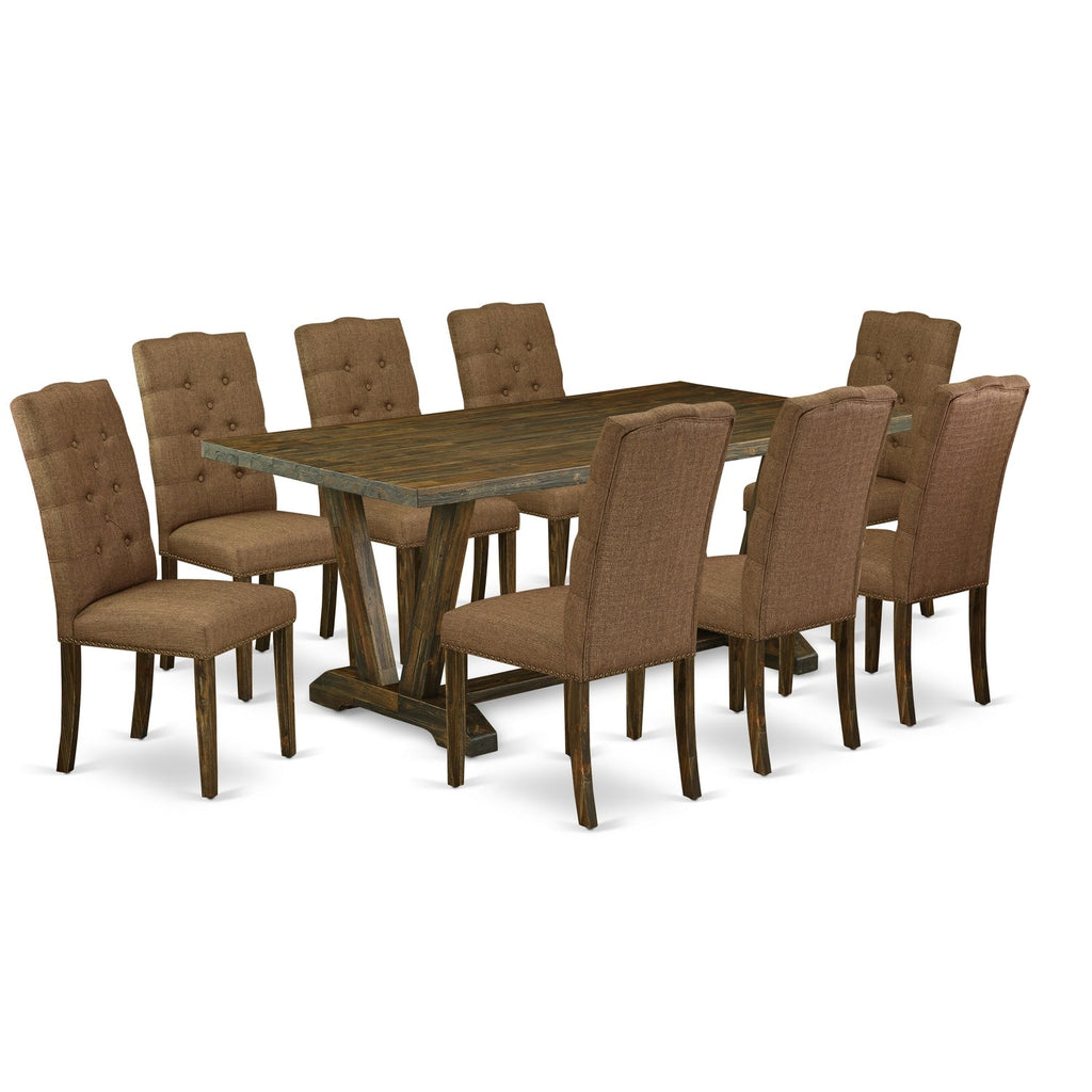 El juego de mesa de comedor East West Furniture V777EL718-9 de 9 piezas incluye una mesa rectangular de madera con patas en V y 8 sillas de comedor Parson de tela de lino marrón.