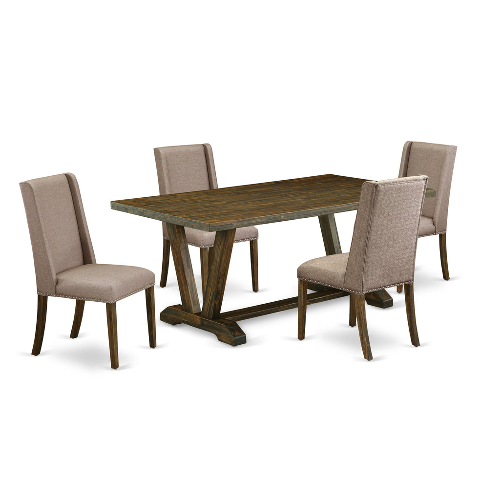 East West Furniture V777FL716-5 5-Piece kitchen table setIncluded 4 Parson Dining chairs Upholstered Nails Head Seat and Stylish Chair Back and Rectangular Dining Table with Distressed Jacobean Rectangular Table top (Distressed Jacobean Finish)