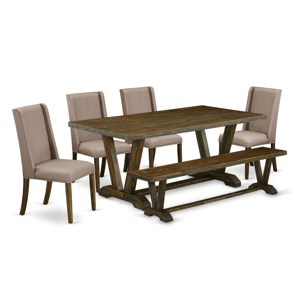 East West Furniture V777FL716-6 6 Piece Dinette Set Contains a Rectangle Dining Room Table with V-Legs and 4 Dark Khaki Linen Fabric Parson Chairs with a Bench