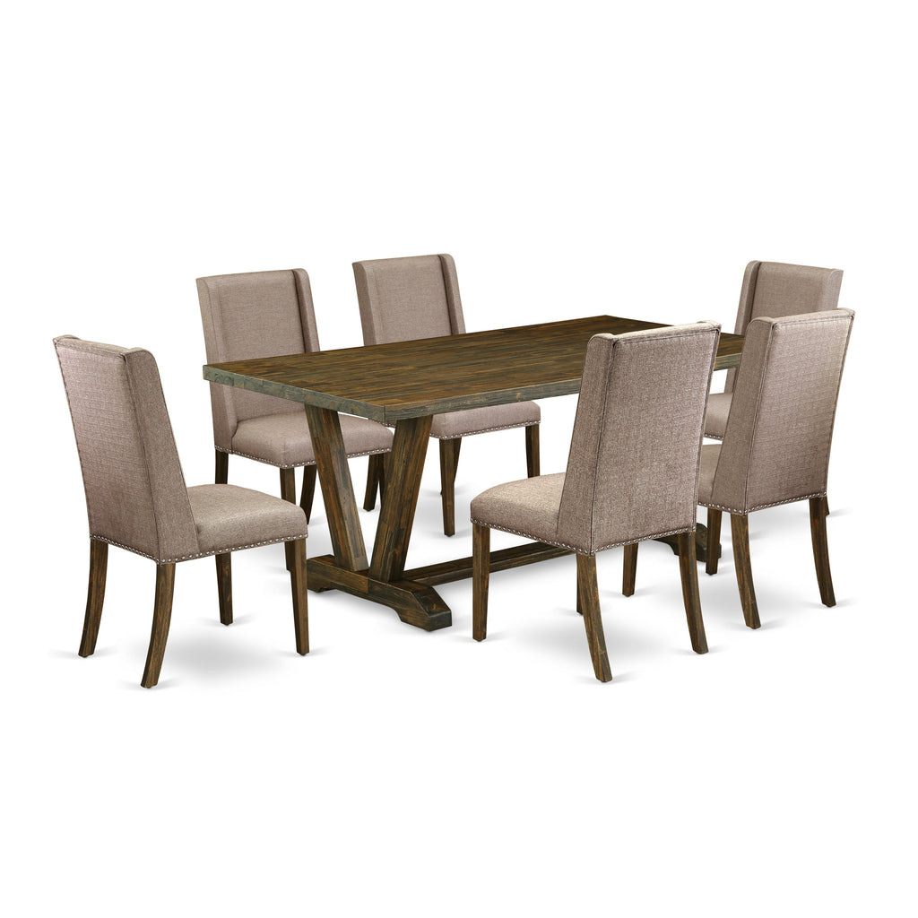 East West Furniture V777FL716-7 7-Pc dining room table set a fantastic Distressed Jacobean small table top and 6 beautiful parson chairs with Nail heads and High Stylish Chair Back, Distressed Jacobean Finish