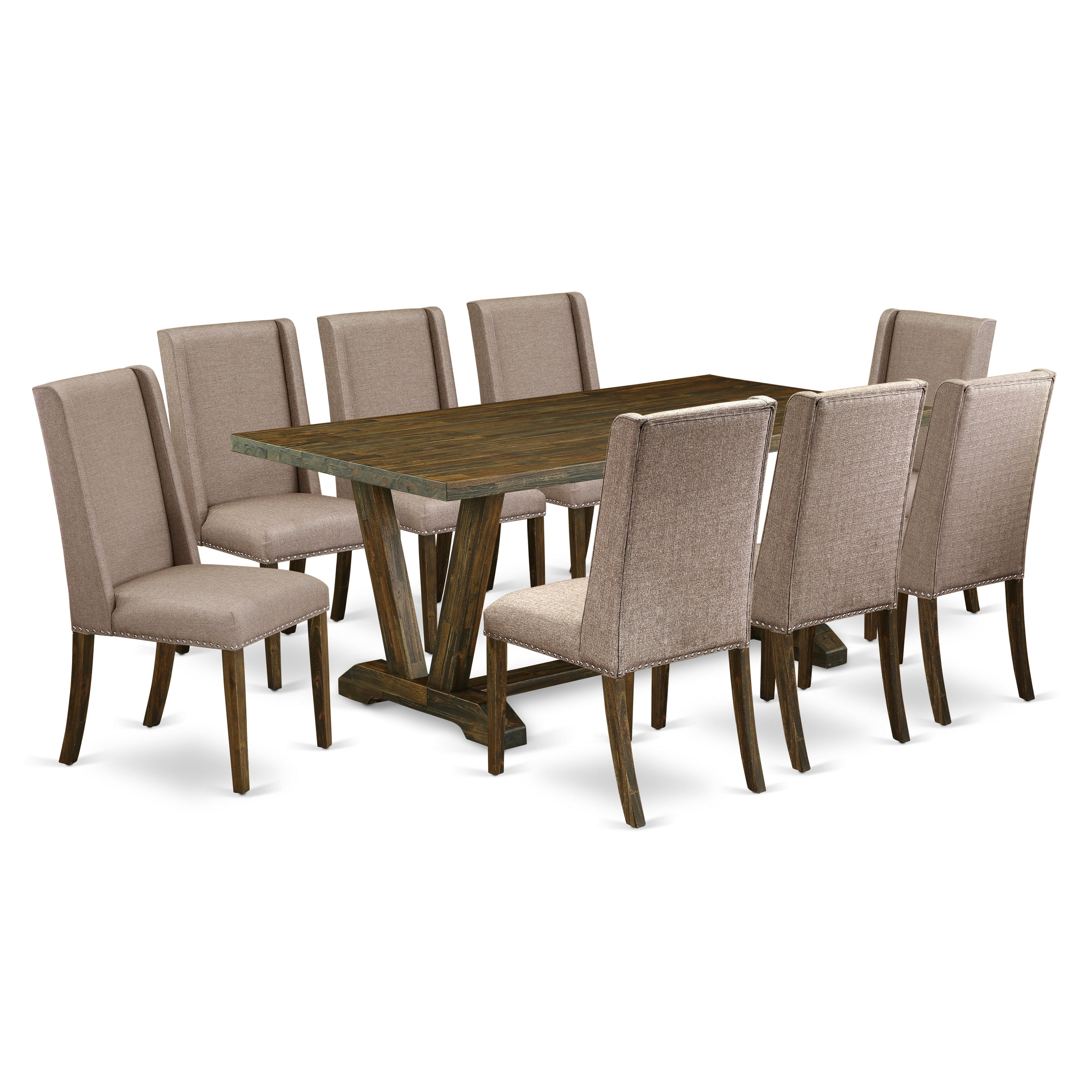 East West Furniture V777FL716-9 9-Pc a Great Distressed Jacobean Dinette Table top and 8 Beautiful Parson chairs with Nail Heads and Curved Back, Distressed Jacobean Finish