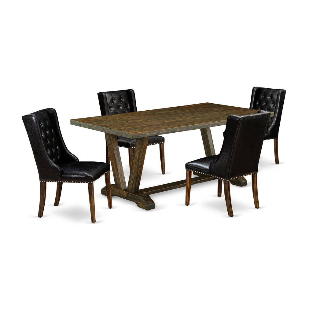 East West Furniture V777FO749-5 5 Piece Dining Table Set - 4 Black Pu faux Leather Dining Room Chairs Button Tufted with Nail heads and Dining Table - Distressed Jacobean Finish