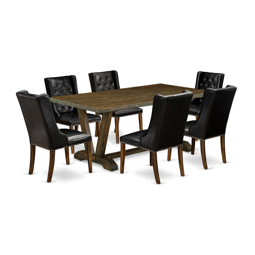 East West Furniture V777FO749-7 7 Pc Dining Table Set - 6 Black Pu faux Leather Kitchen Chairs Button Tufted with Nailheads and dining table - Distressed Jacobean Finish