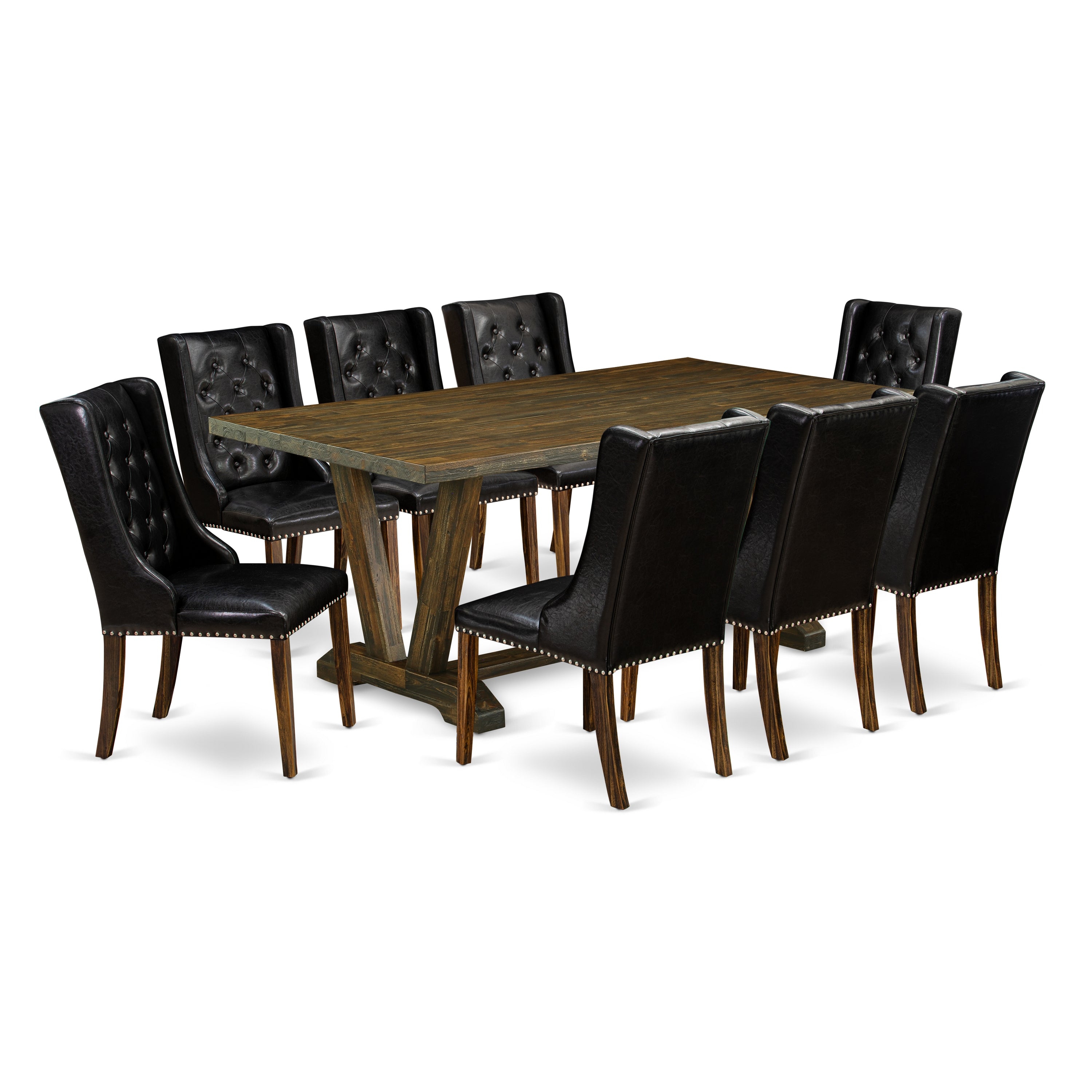 Juego de comedor de 9 piezas East West Furniture V777FO749-9. Incluye una mesa de comedor rectangular con patas en V y 8 sillas Parsons de piel sintética negra.
