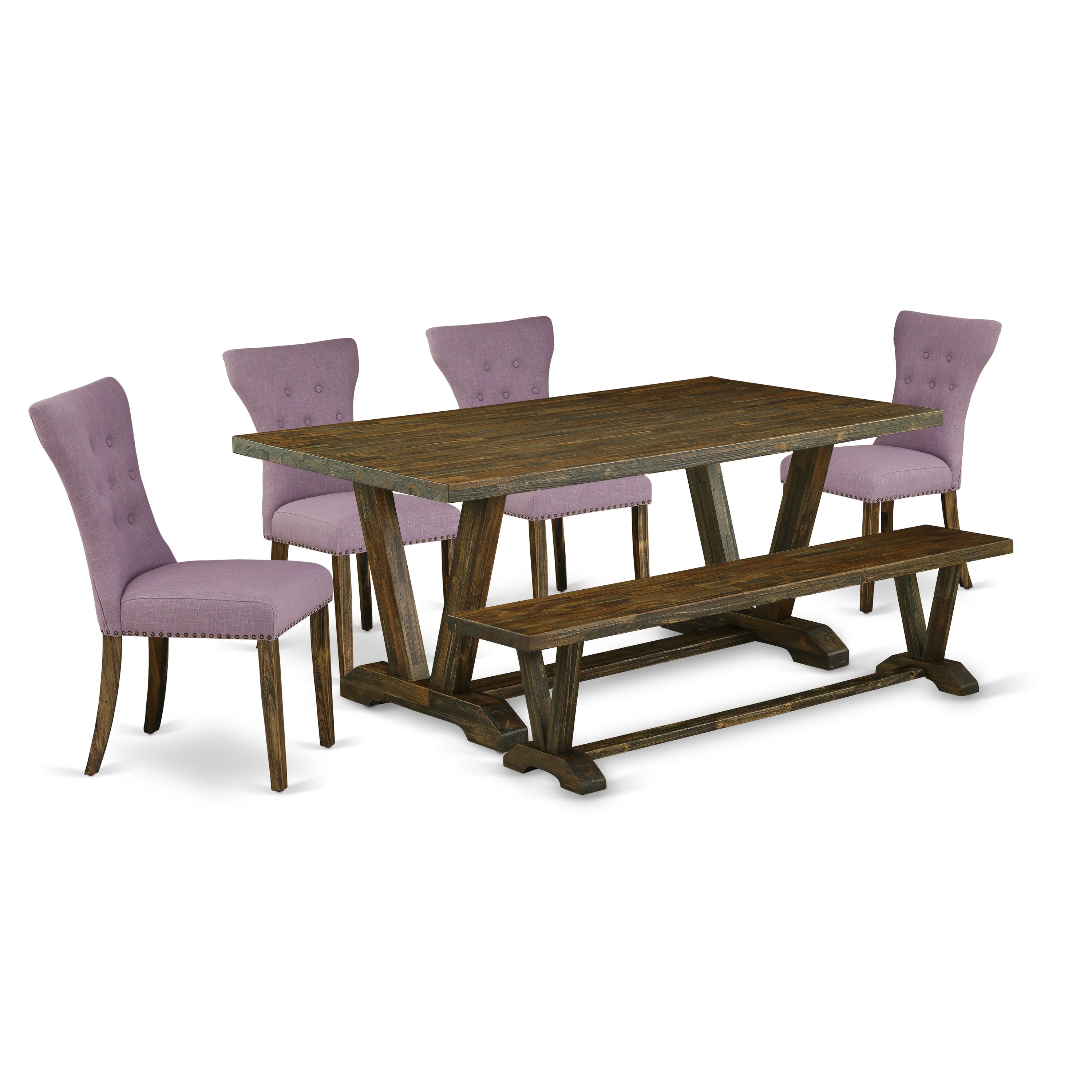 East West Furniture V777GA740-6 6 Piece Kitchen Table Set Contains a Rectangle Dining Table with V-Legs and 4 Dahlia Linen Fabric Parson Chairs with a Bench