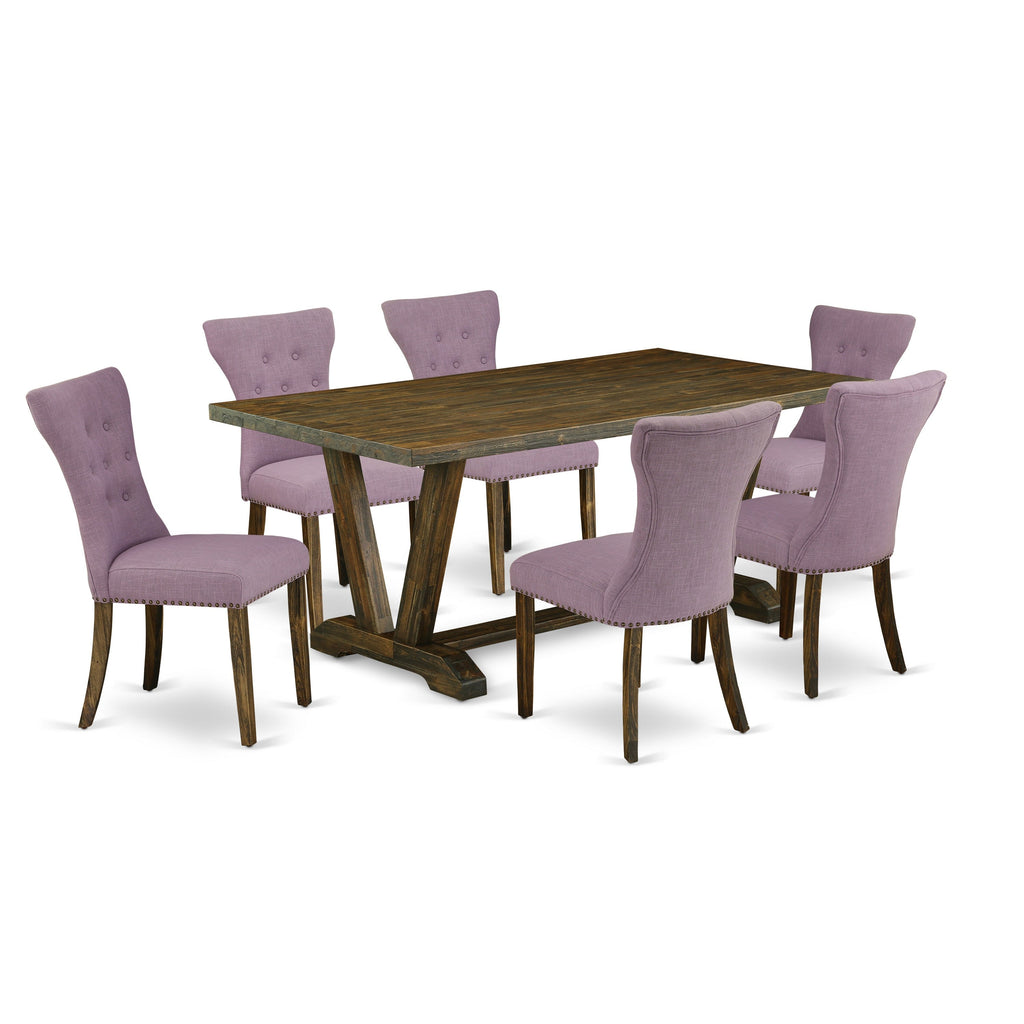 East West Furniture V777GA740-7 7-Piece Dining Set a beautiful Distressed Jacobean Small Table top and 6 Wonderful Kitchen chairs with Nail Heads and Button Tufted, Distressed Jacobean Finish