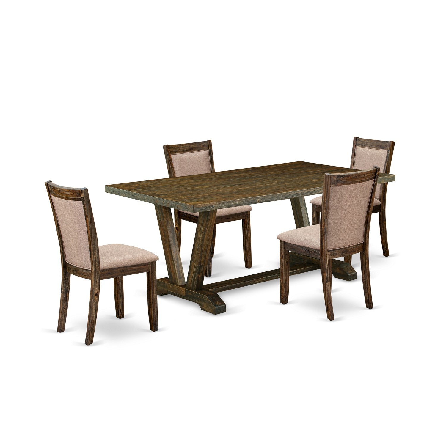 East West Furniture V777MZ716-5 5 Piece Dining Table Set - A Distressed Jacobean Top Dining Table with Trestle Base and 4 Dark Khaki Linen Fabric Dining Chairs - Distressed Jacobean Finish