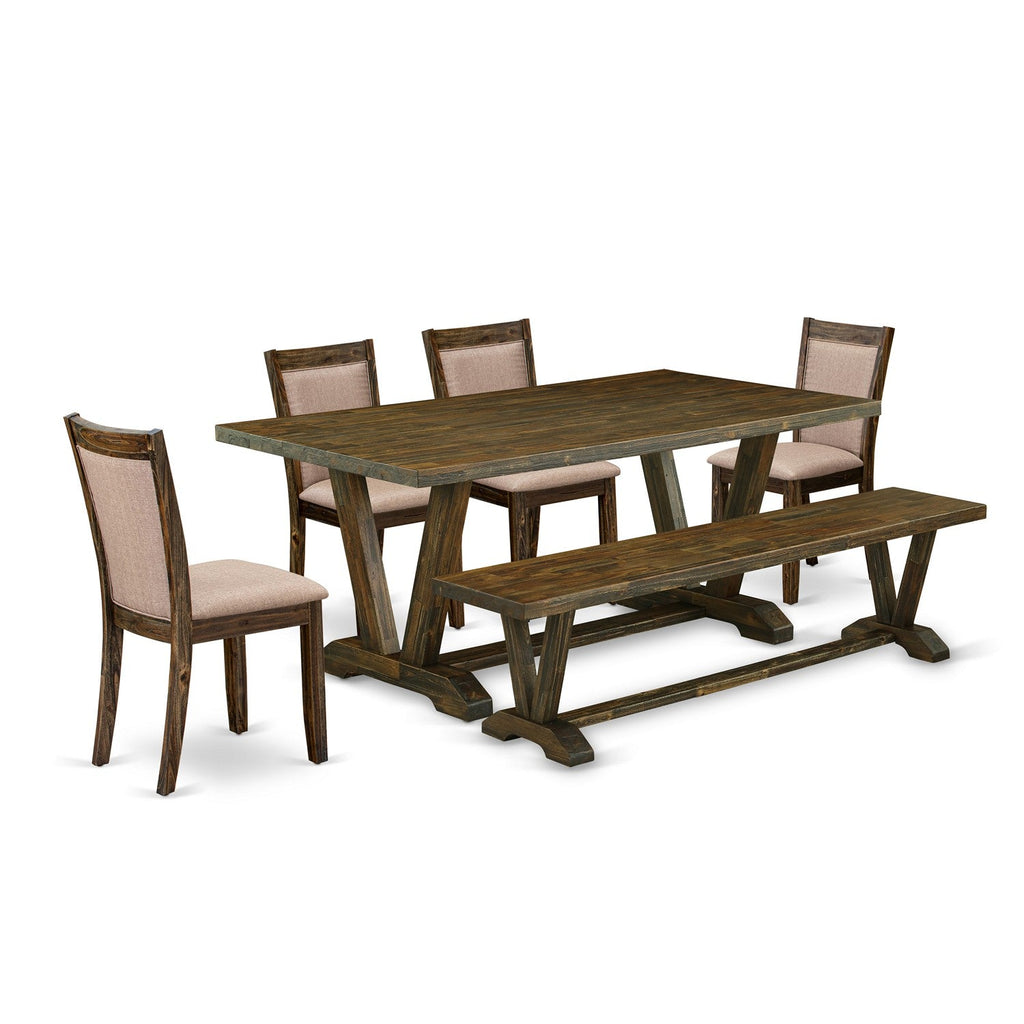 Juego de mesa de comedor de 6 piezas East West Furniture V777MZ716-6. Contiene una mesa de comedor rectangular con patas en V y 4 sillas Parson de tela de lino color caqui oscuro con un banco.