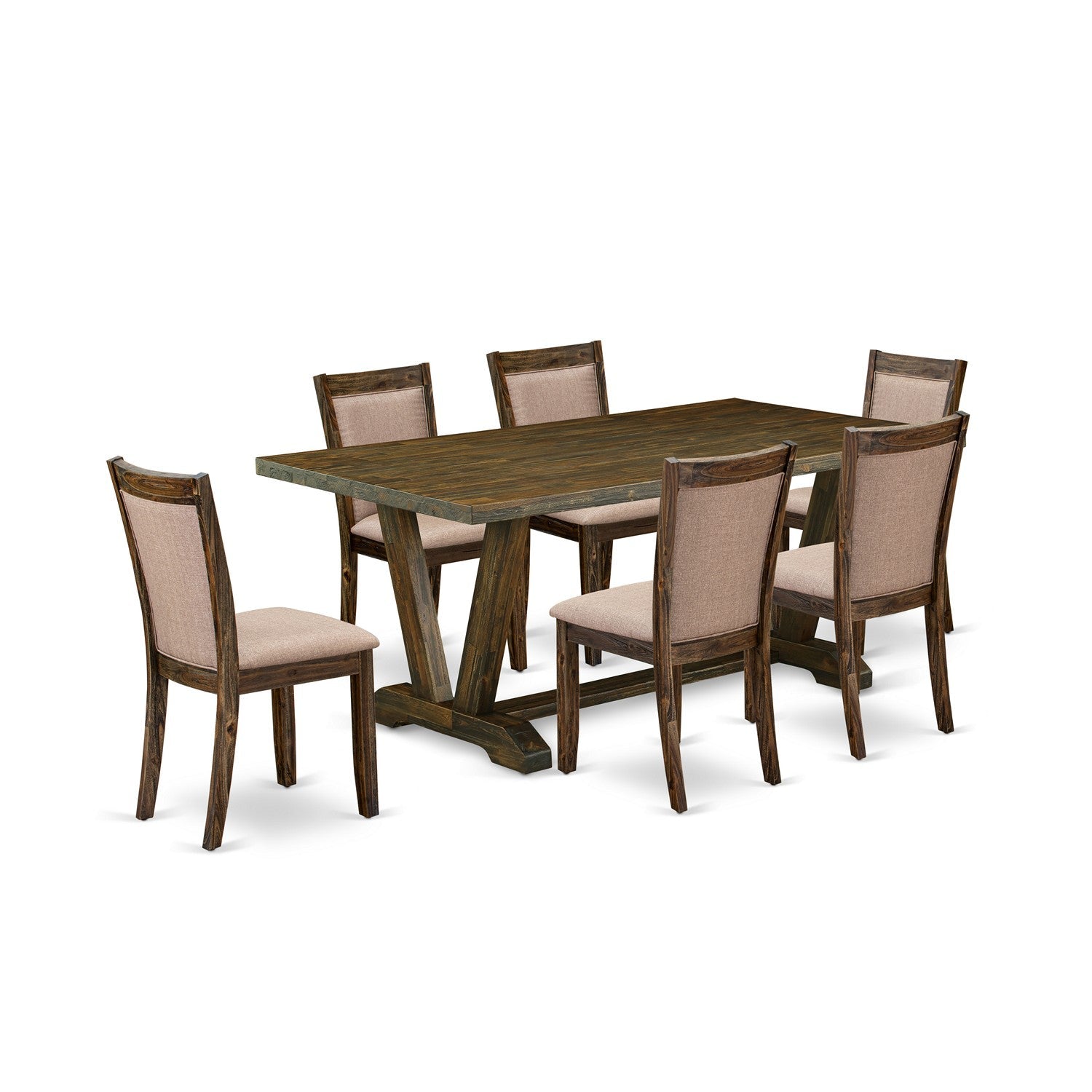 East West Furniture V777MZ716-7 7 Piece Modern Kitchen Table Set - A Distressed Jacobean Top Wooden Table with Trestle Base and 6 Dark Khaki Linen Fabric dining chairs - Distressed Jacobean Finish