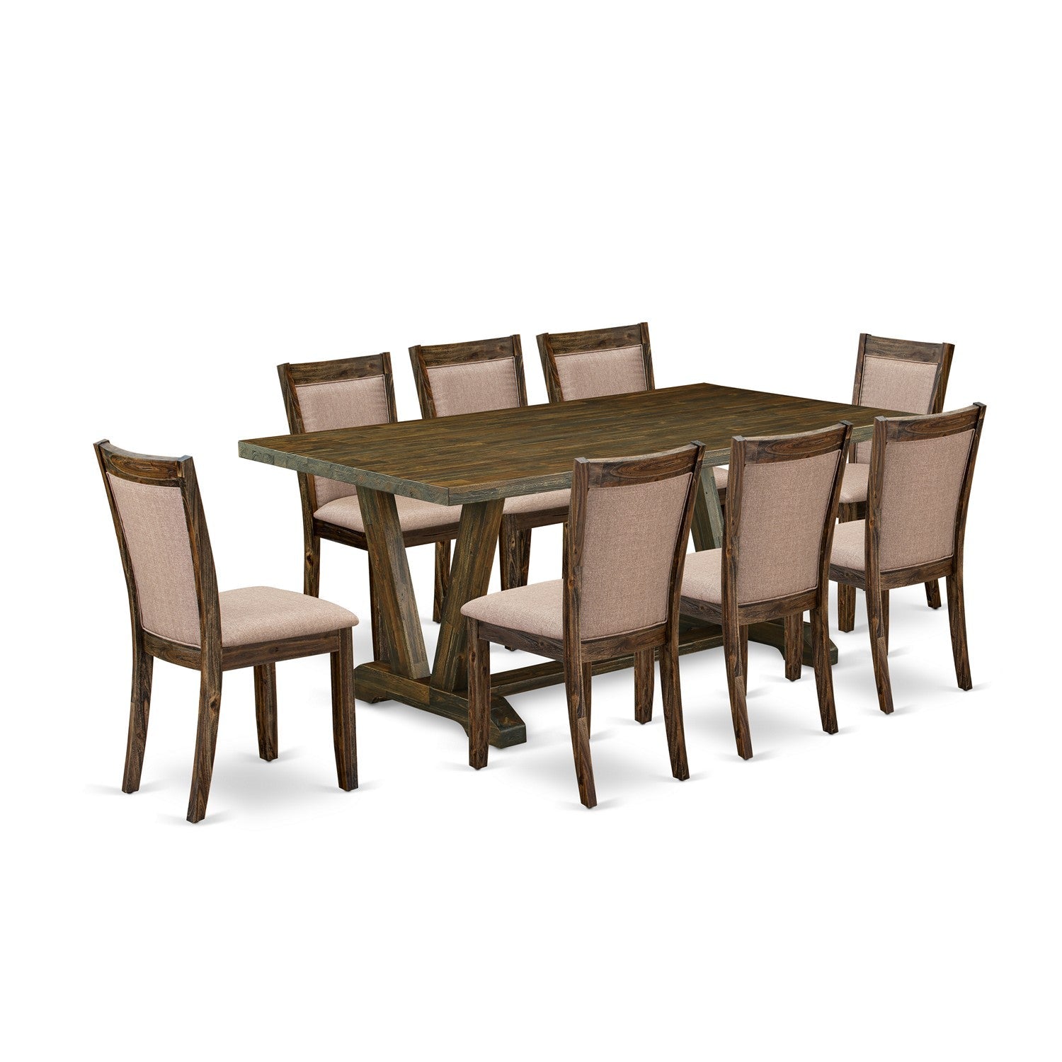 East West Furniture V777MZ716-9 9 Piece Dinette Set - A Distressed Jacobean Top Dining Table with Trestle Base and 8 Dark Khaki Linen Fabric Upholstered Dining Chairs - Distressed Jacobean Finish