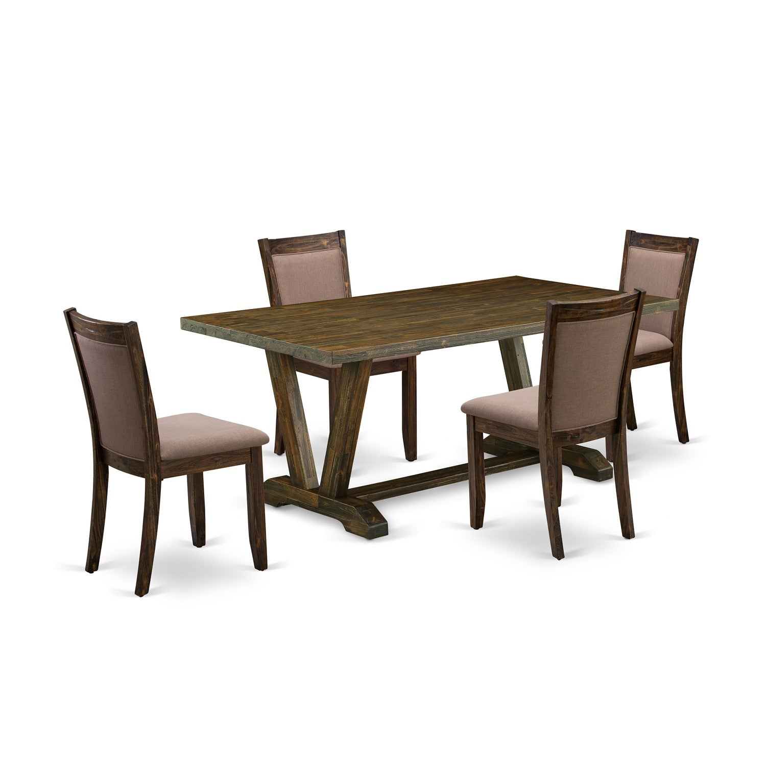 East West Furniture V777MZ748-5 5 Piece Kitchen Table Set - A Distressed Jacobean Top Rustic Kitchen Table with Trestle Base and 4 Coffee Linen Fabric Parsons Chairs - Distressed Jacobean Finish