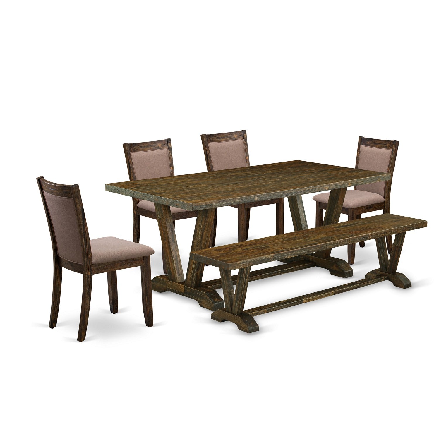 East West Furniture V777MZ748-6 6 Piece Modern Dining Table Set- A Distressed Jacobean Top Table in Trestle Base with Wood Bench and 4 Coffee Linen Fabric Dining Chairs - Distressed Jacobean Finish