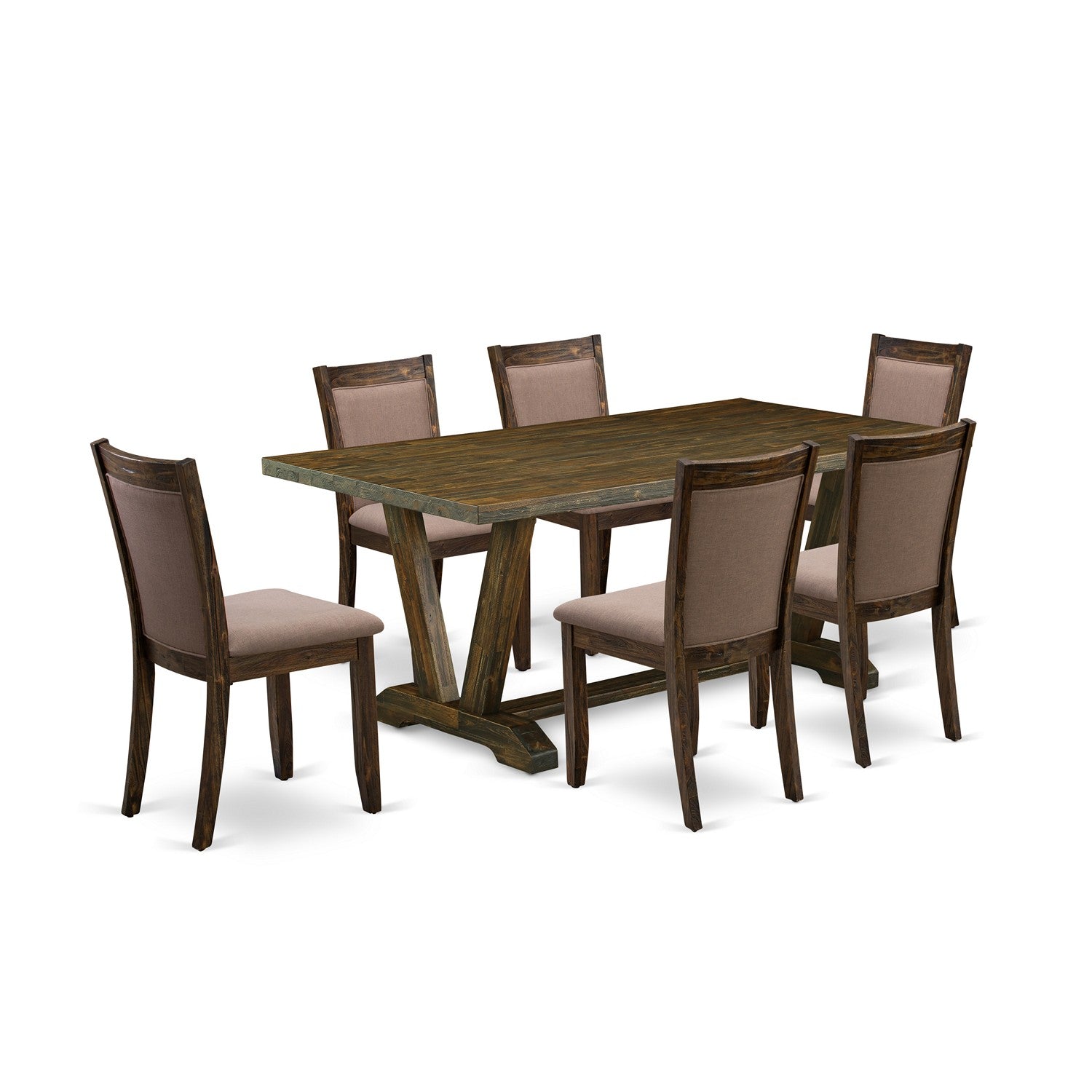 East West Furniture V777MZ748-7 7 Piece Dinner Table Set - A Distressed Jacobean Top Dinner Table with Trestle Base and 6 Coffee Linen Fabric Wood Dining Chairs - Distressed Jacobean Finish