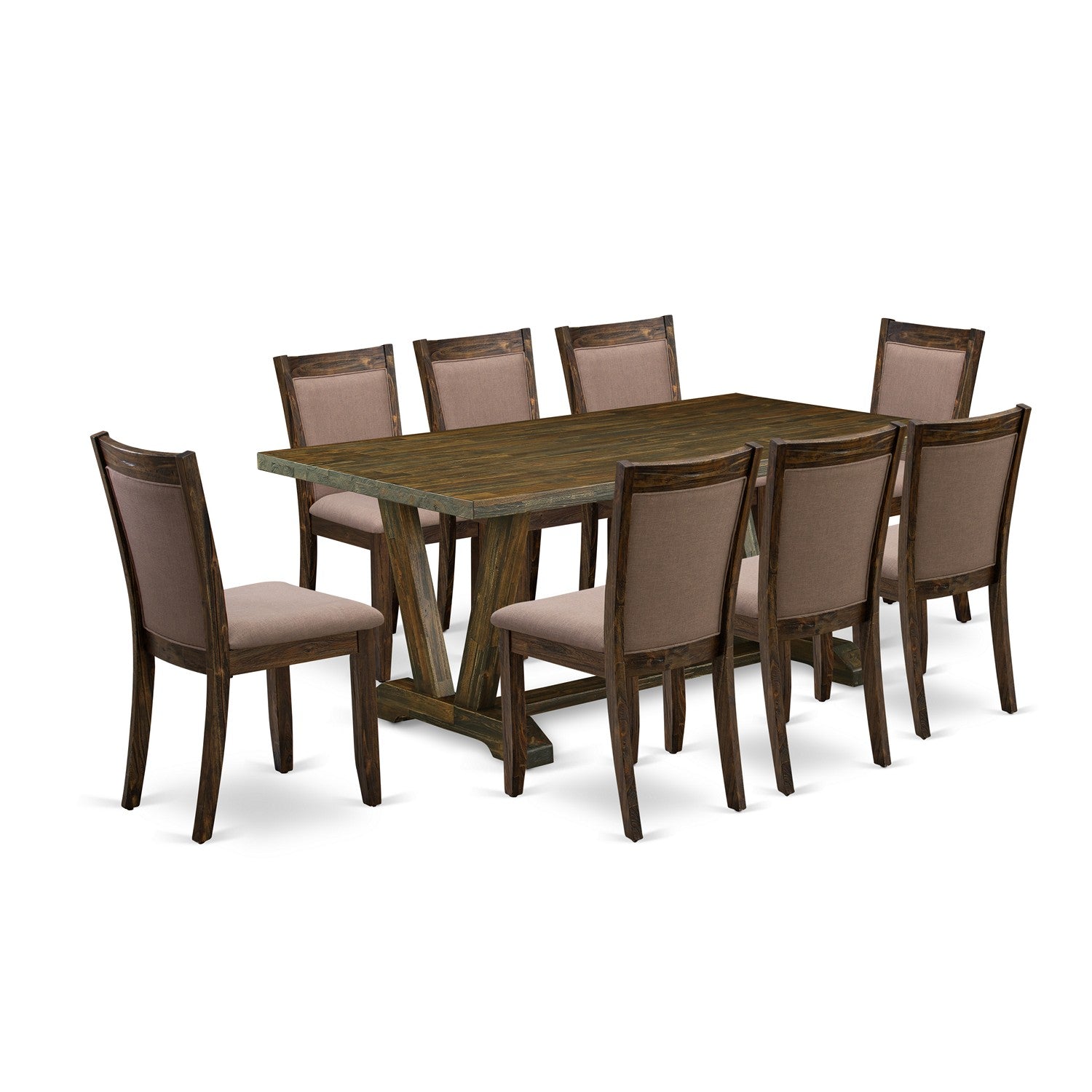 East West Furniture V777MZ748-9 9 Piece Kitchen Dining Table Set - A Distressed Jacobean Top Dining Table with Trestle Base and 8 Coffee Linen Fabric Dining Room Chairs - Distressed Jacobean Finish